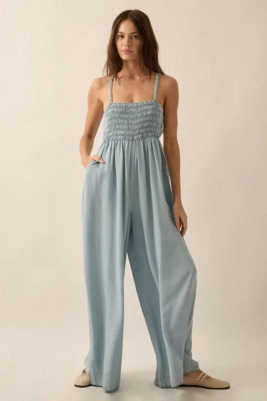 Light Blue Chambray Smocked Jumpsuit sold by Pinkblush