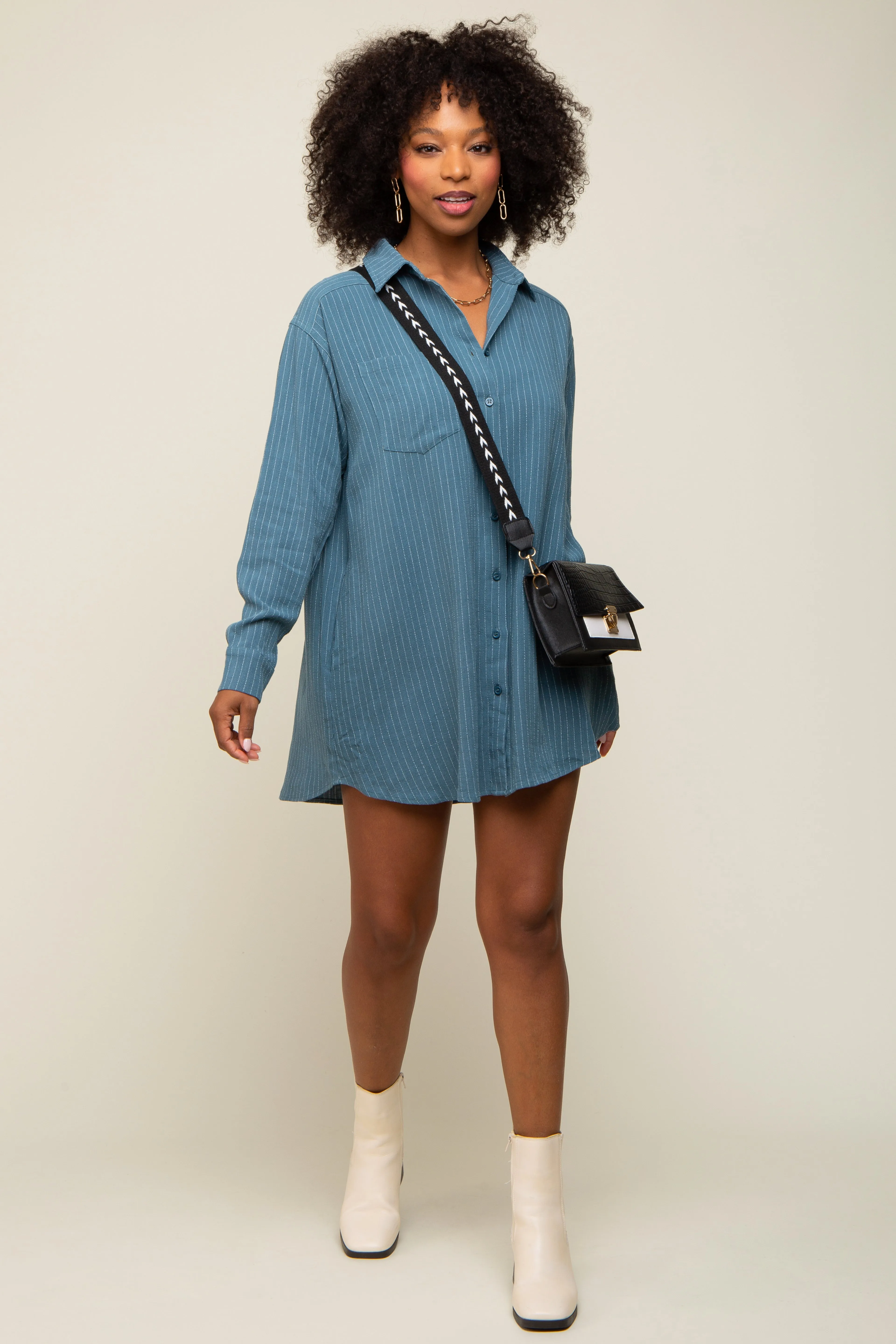 Teal Pinstriped Button-Down Linen Maternity Dress sold by Pinkblush product image thumbnail 5