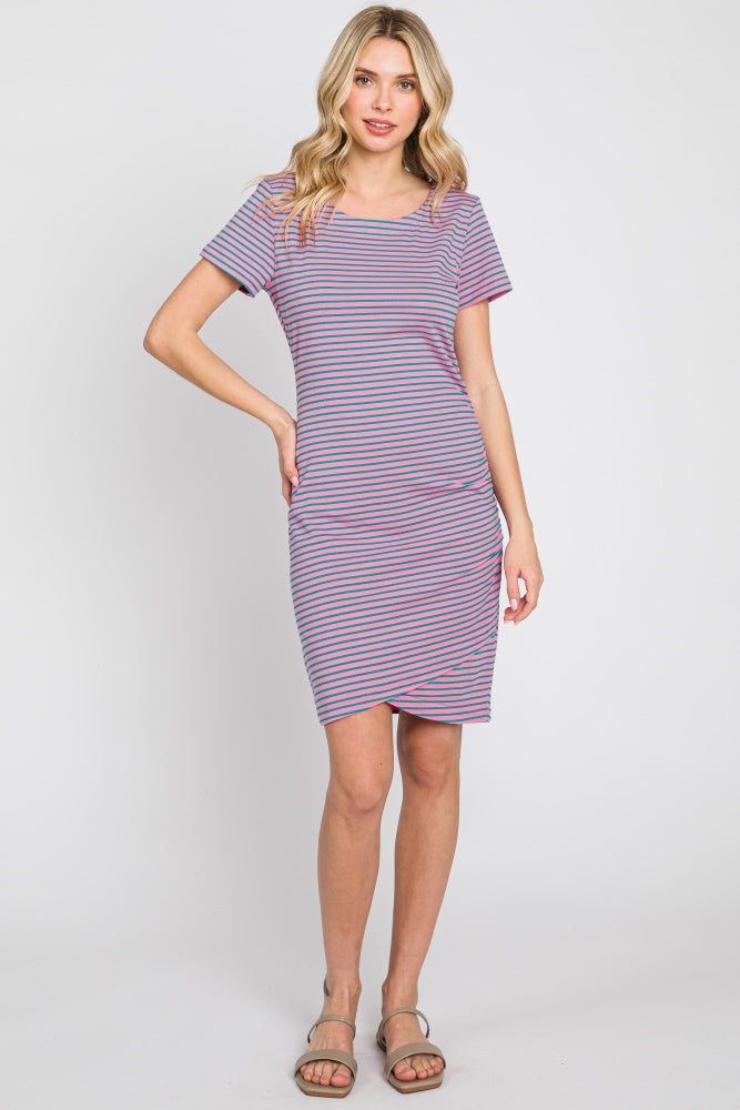 Pink Striped Ruched Side Short Sleeve Dress sold by Pinkblush product image thumbnail 4