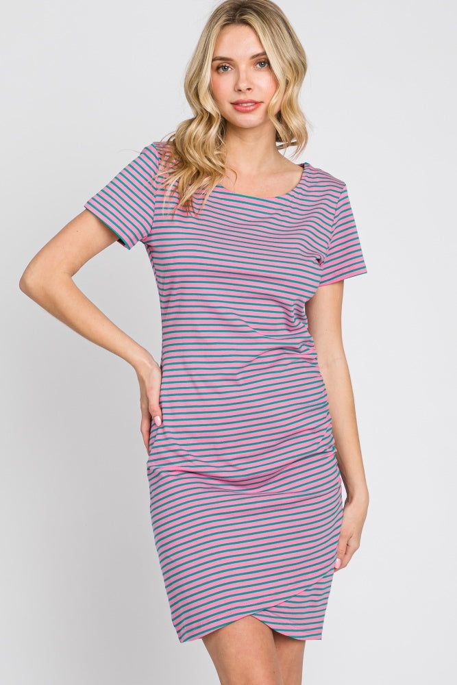 Pink Striped Ruched Side Short Sleeve Dress sold by Pinkblush