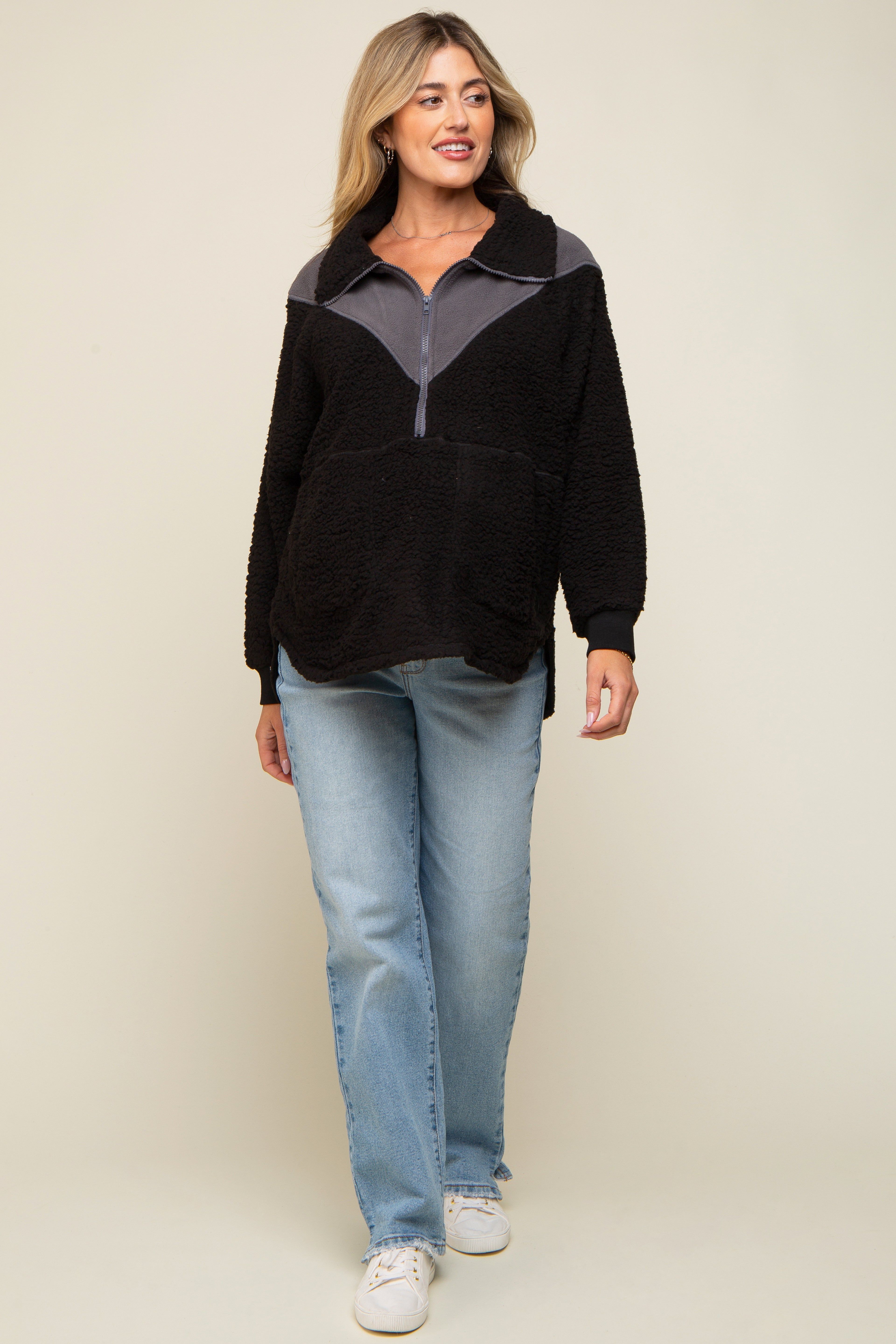 Black Colorblock Half Zip Fleece Maternity Pullover sold by Pinkblush product image thumbnail 4
