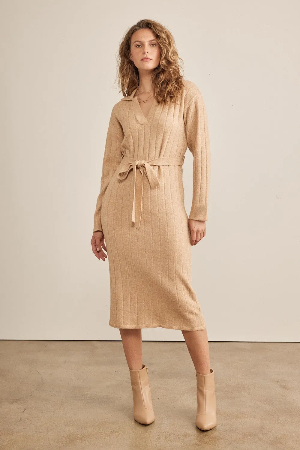 Beige Ribbed Sweater Collared Midi Dress sold by Pinkblush
