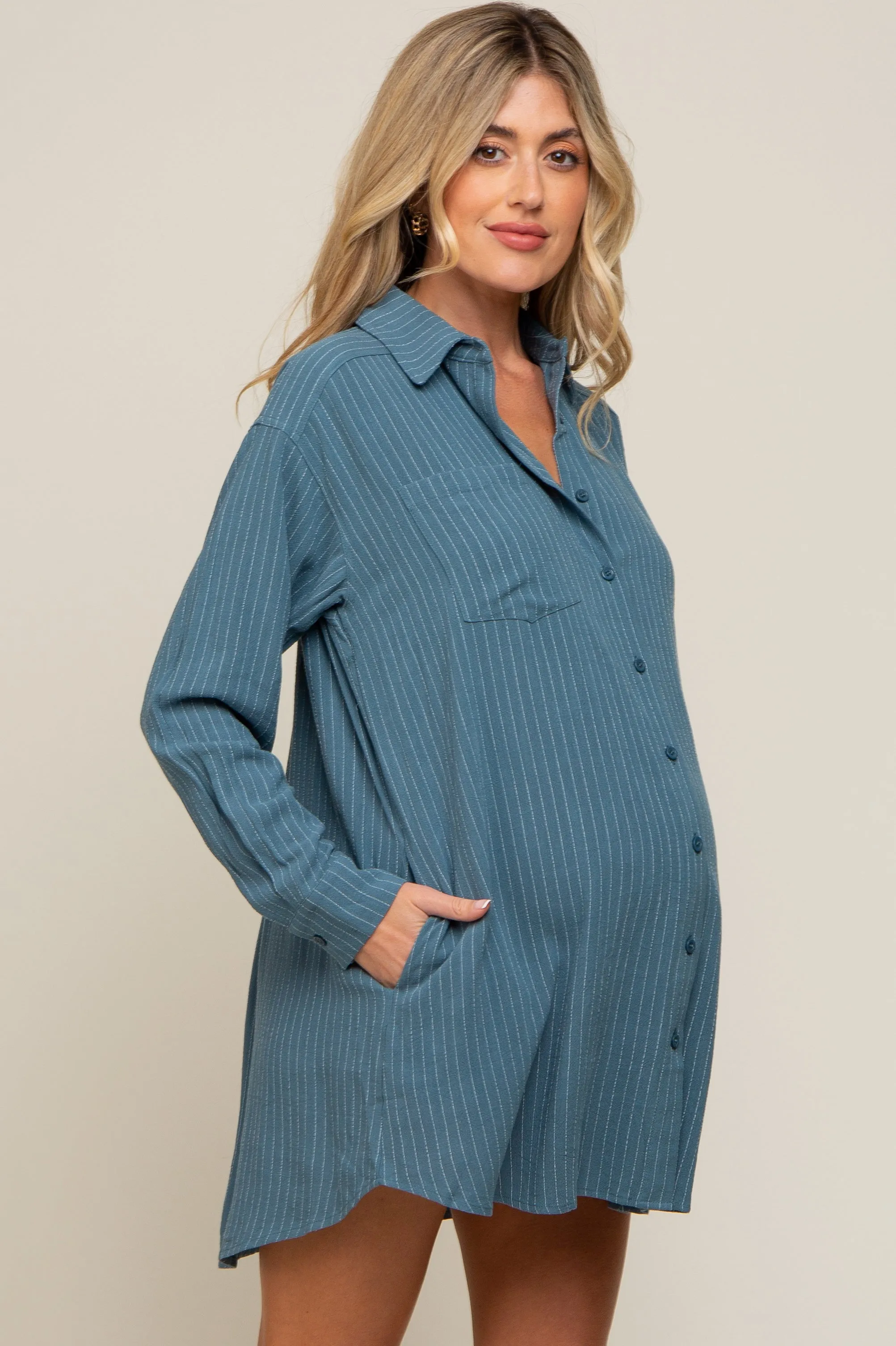 Teal Pinstriped Button-Down Linen Maternity Dress sold by Pinkblush product image thumbnail 3
