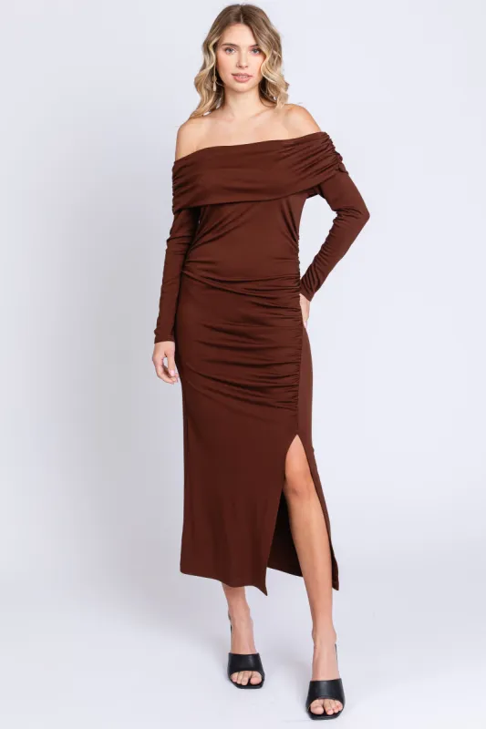 Brown Foldover Off Shoulder Front Slit Midi Dress sold by Pinkblush