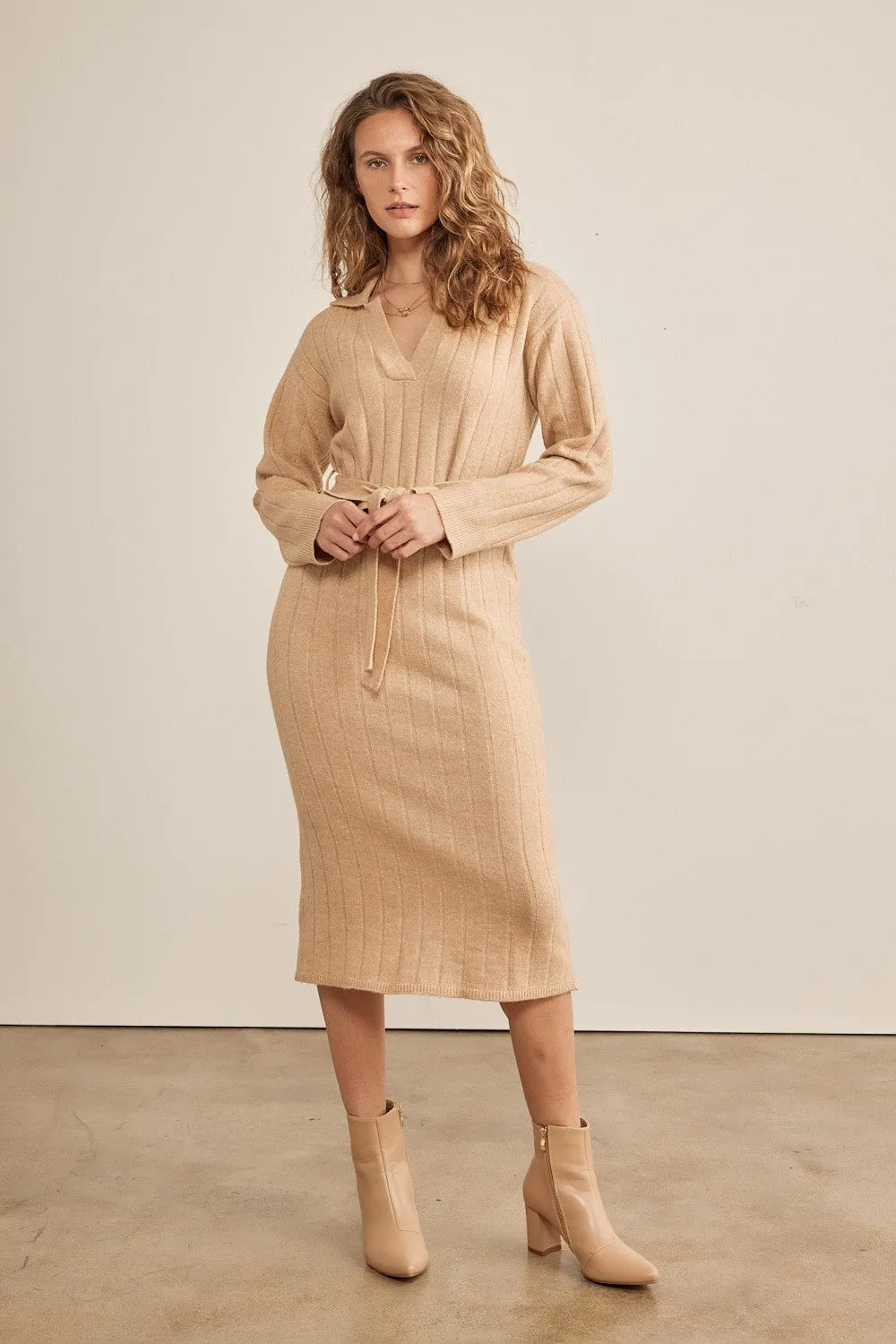 Beige Ribbed Sweater Collared Midi Dress sold by Pinkblush product image thumbnail 2