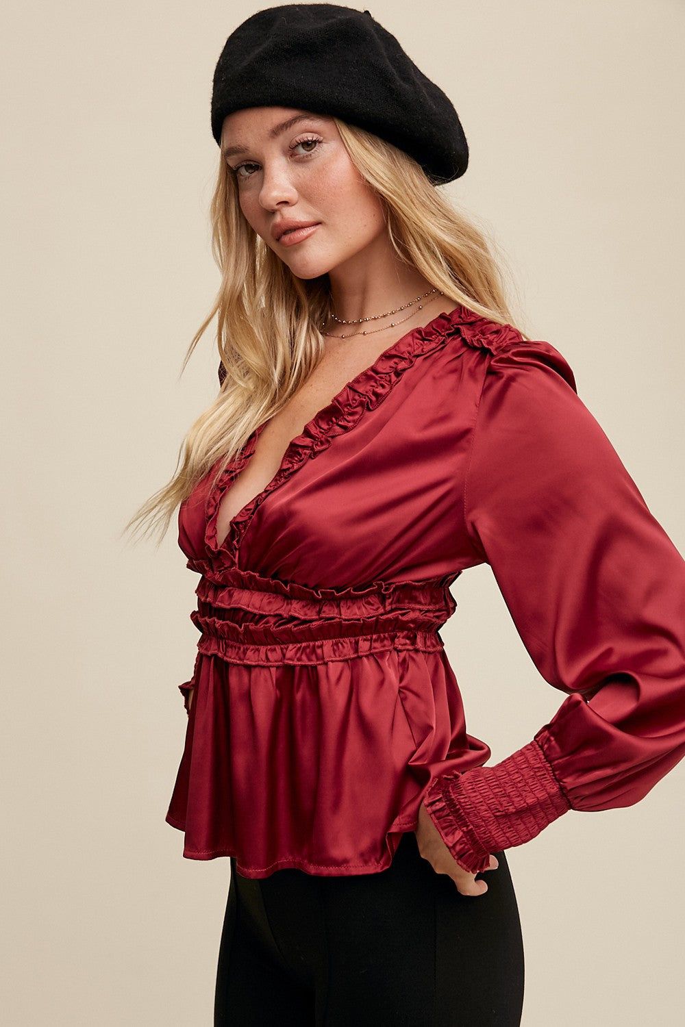 Wine Satin Ruffled V-Neck Long Sleeve Blouse sold by Pinkblush product image thumbnail 3