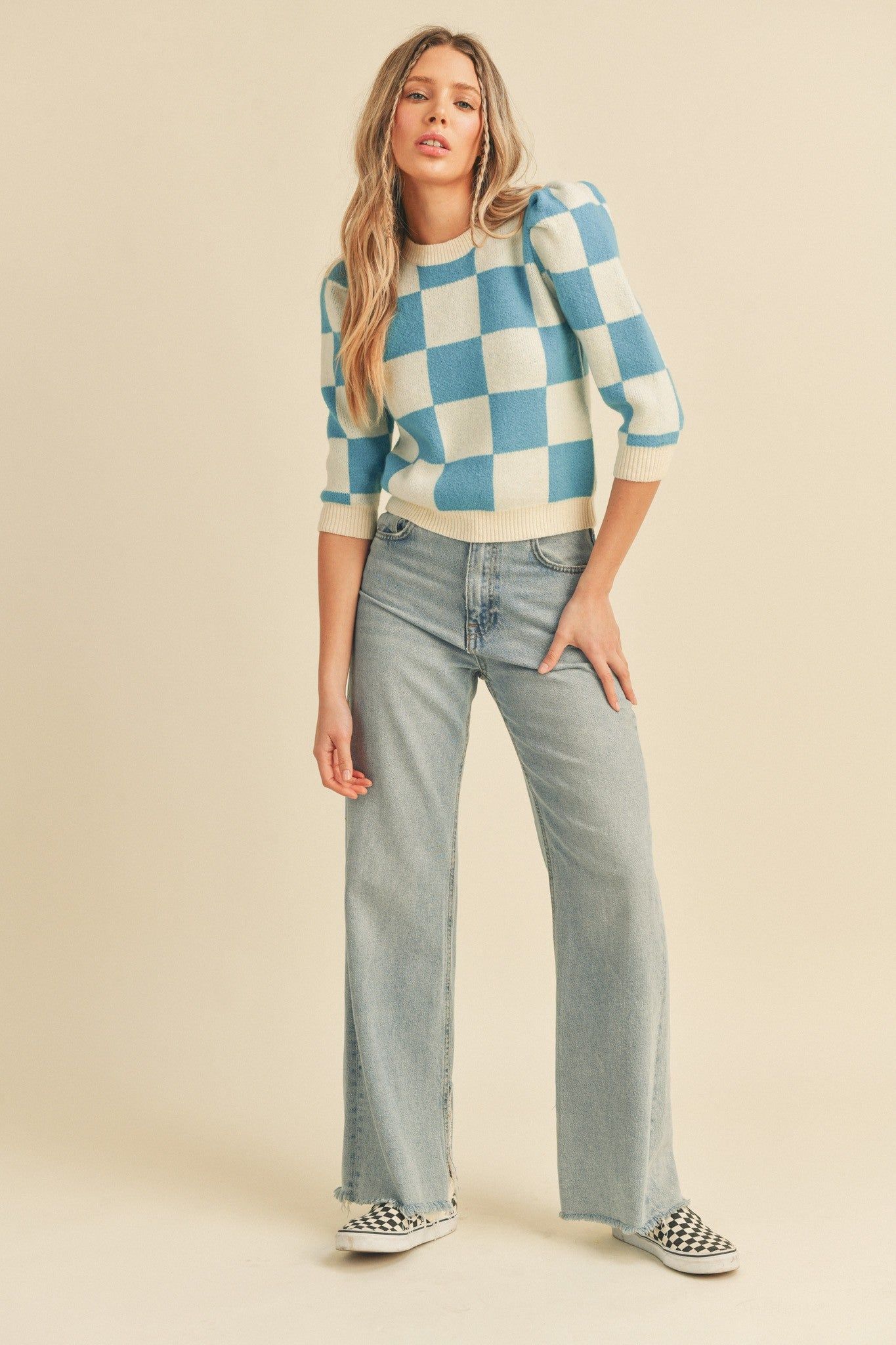 Ivory Teal Checker Knit Sweater With Puff Sleeves sold by Pinkblush product image thumbnail 3