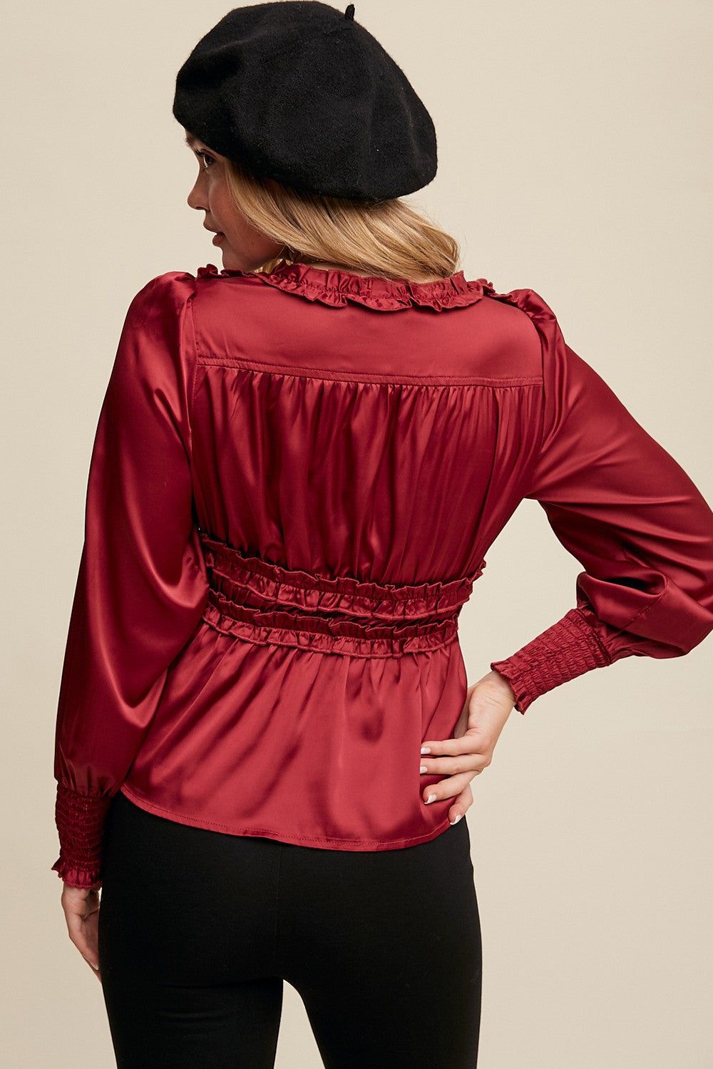 Wine Satin Ruffled V-Neck Long Sleeve Blouse sold by Pinkblush product image thumbnail 4