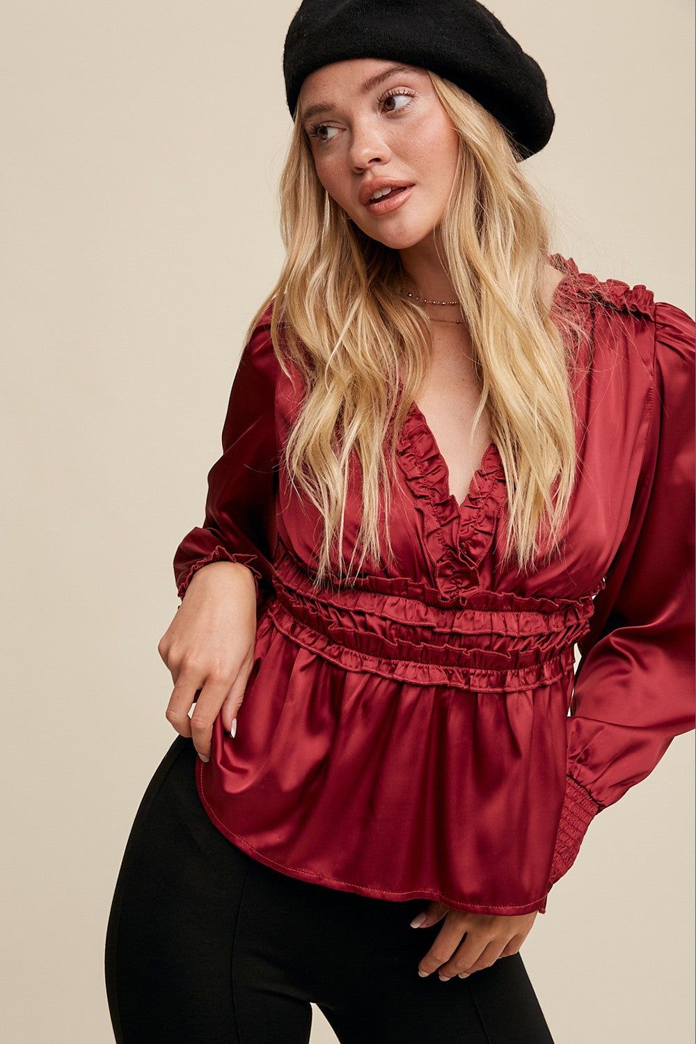Wine Satin Ruffled V-Neck Long Sleeve Blouse sold by Pinkblush