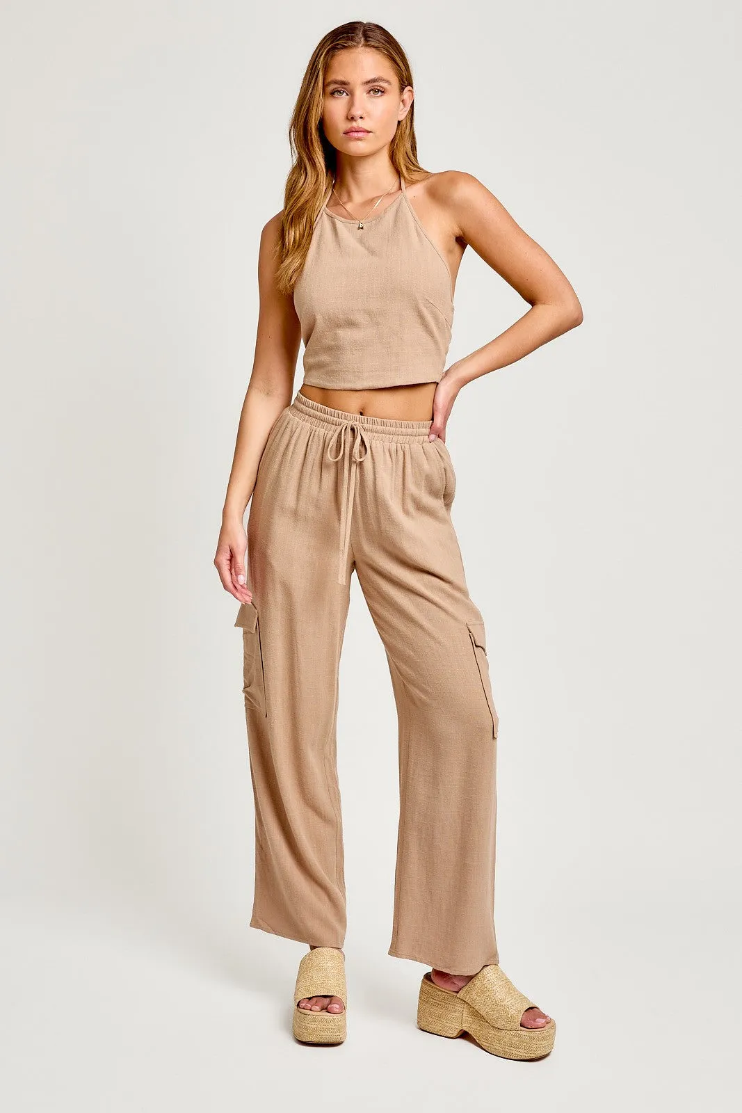 Taupe Halter Neck Linen Crop Top With High Waisted Pants sold by Pinkblush product image thumbnail 2