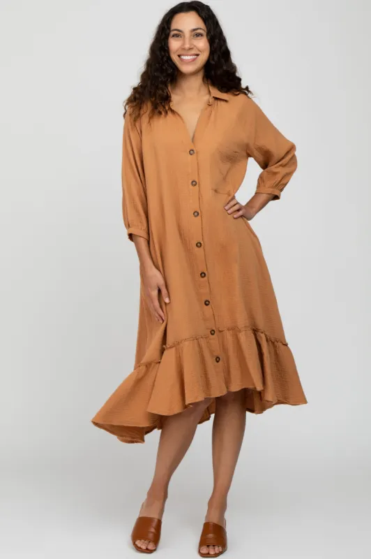 Camel Button Down Hi-Low Midi Dress sold by Pinkblush