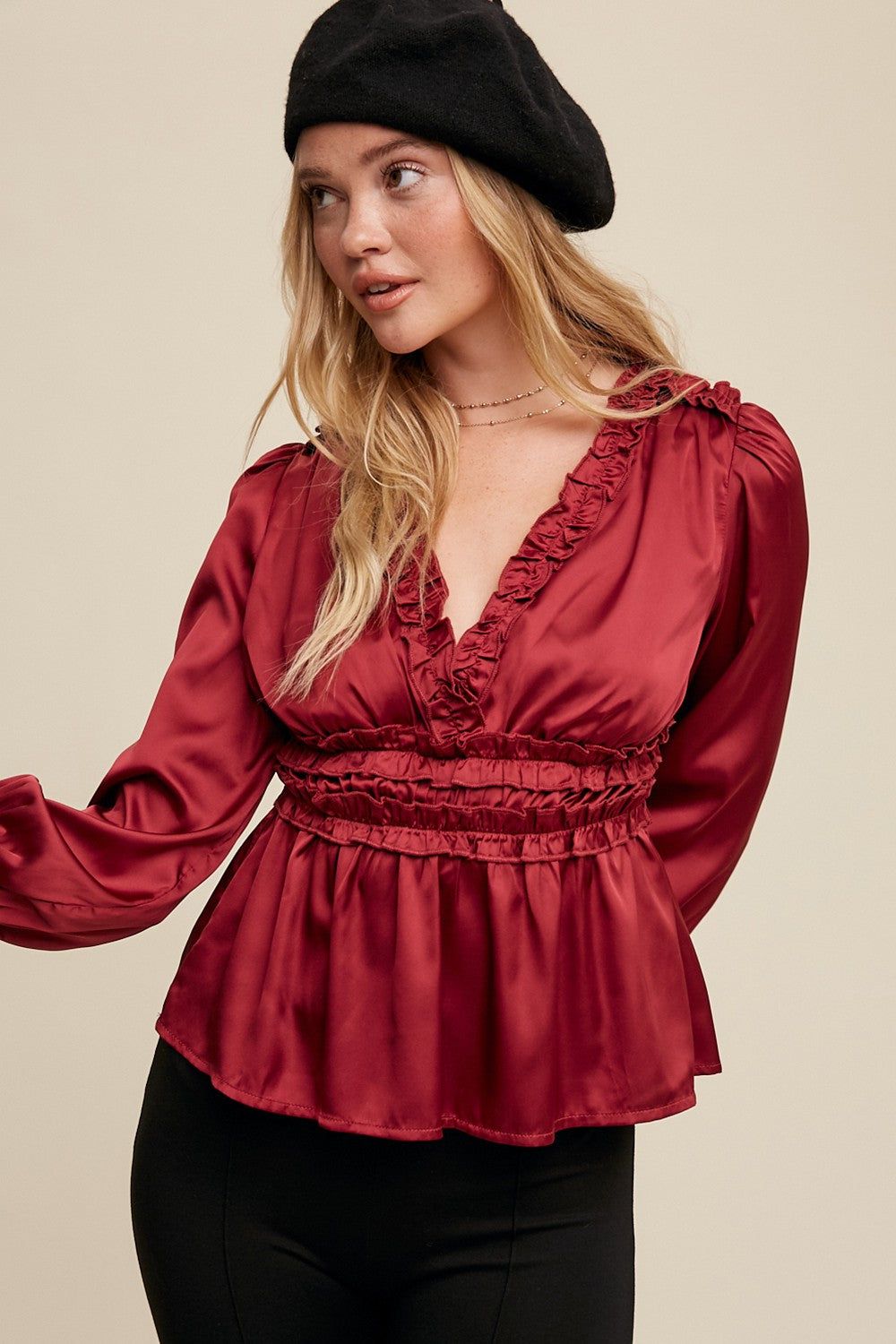 Wine Satin Ruffled V-Neck Long Sleeve Blouse sold by Pinkblush product image thumbnail 2