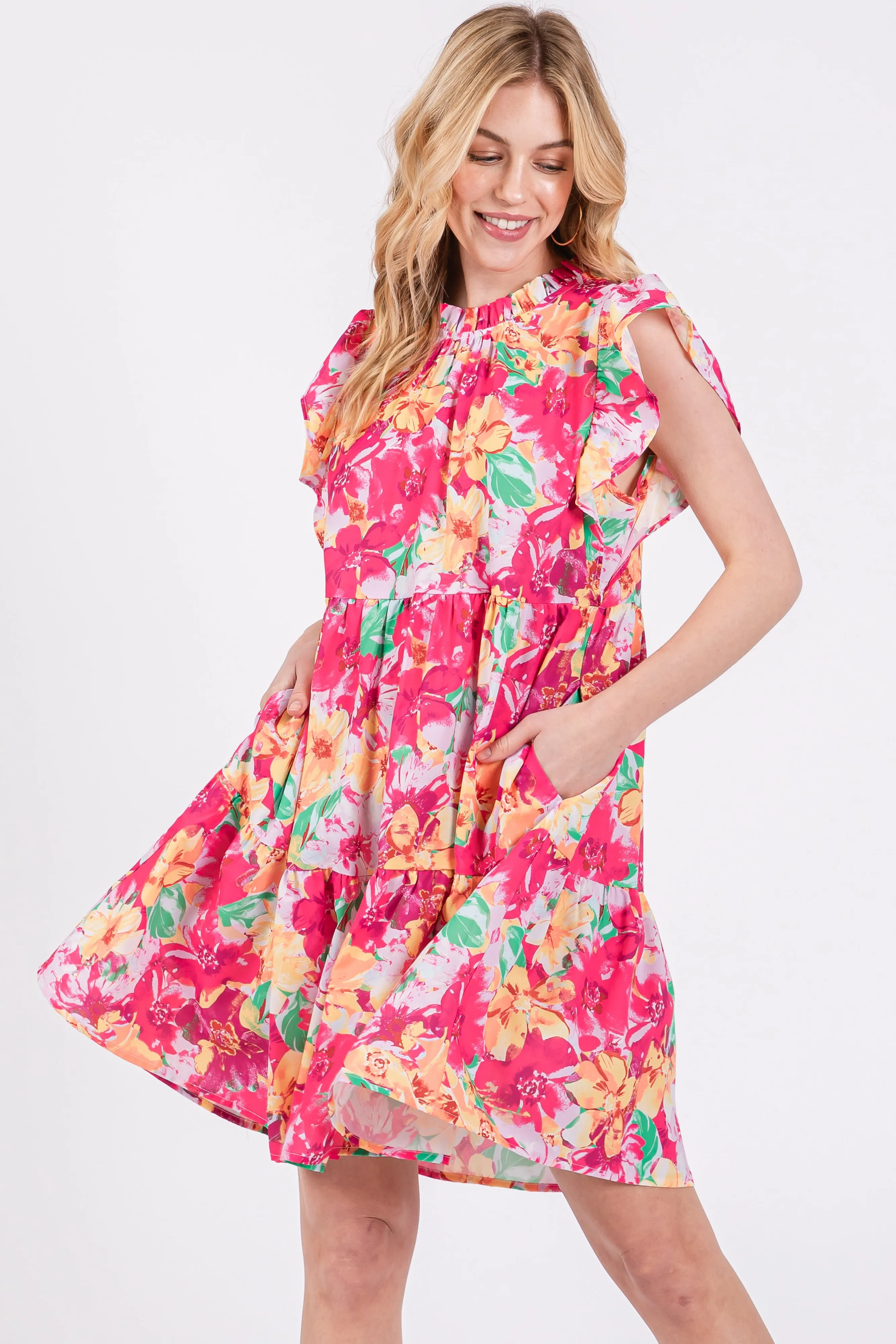 Fuchsia Floral Ruffle Tiered Dress sold by Pinkblush