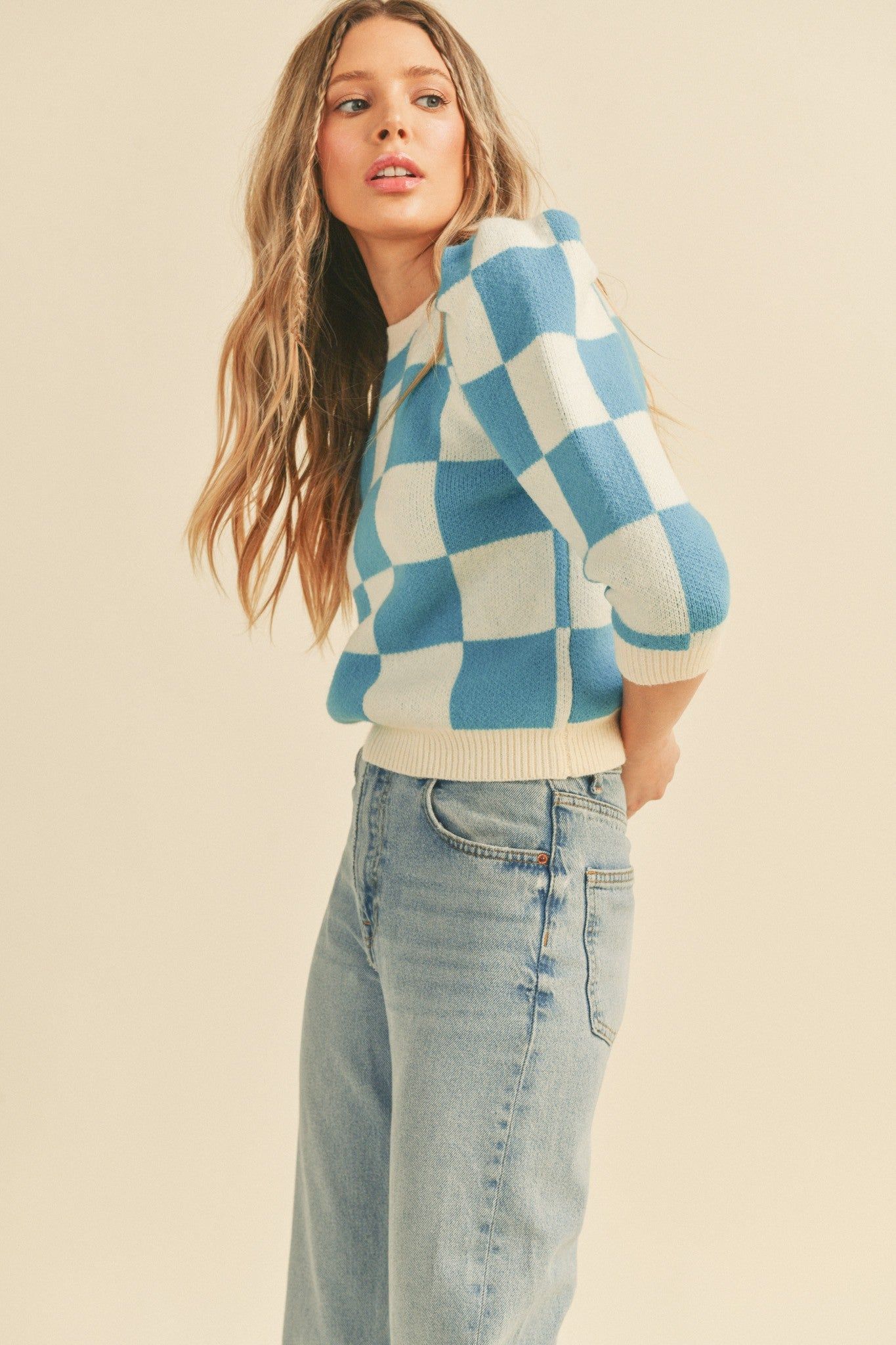 Ivory Teal Checker Knit Sweater With Puff Sleeves sold by Pinkblush product image thumbnail 2