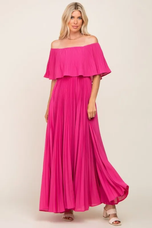 Fuchsia Pleated Layered Off Shoulder Maxi Dress sold by Pinkblush