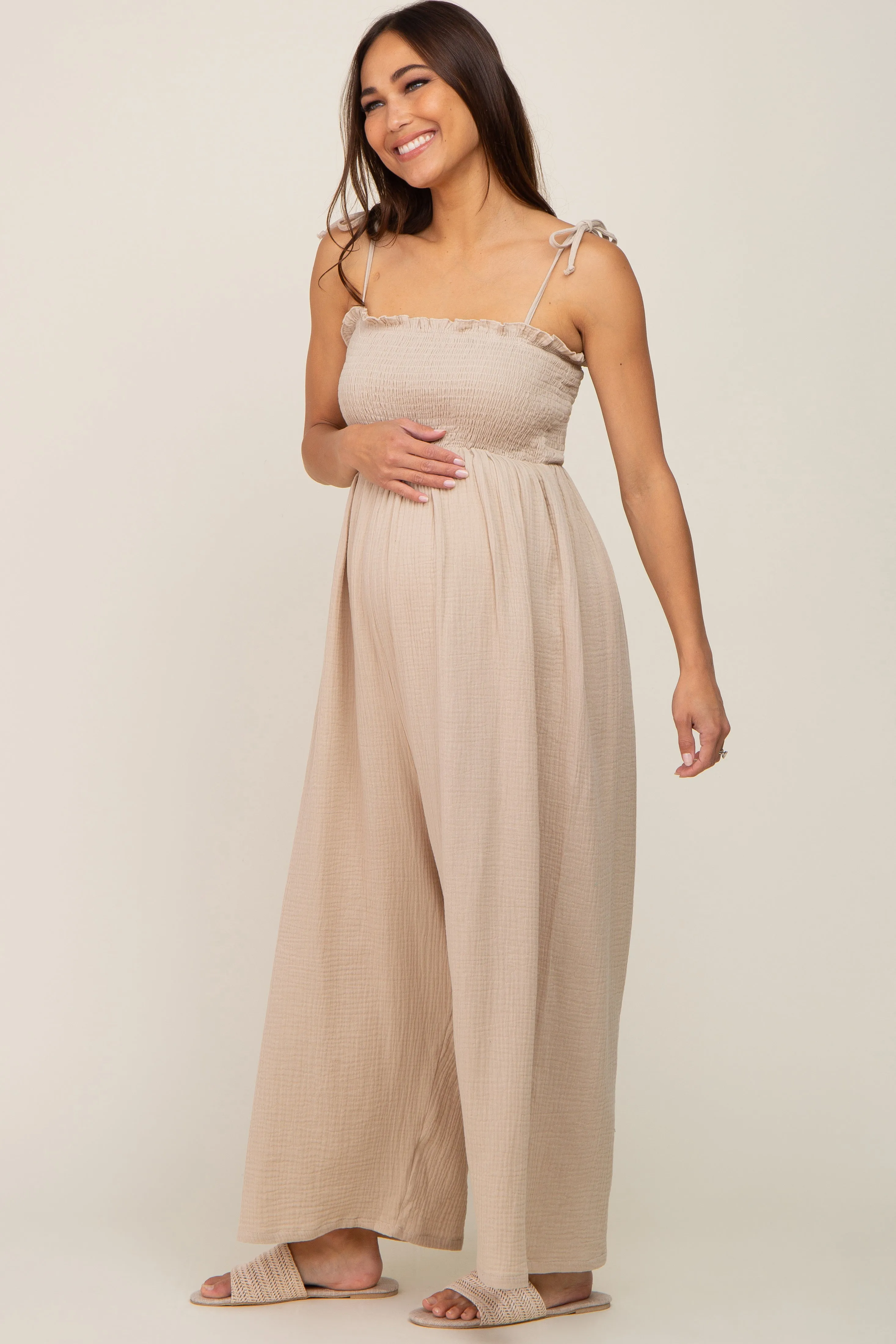 Taupe Sleeveless Cropped Maternity Jumpsuit sold by Pinkblush product image thumbnail 5