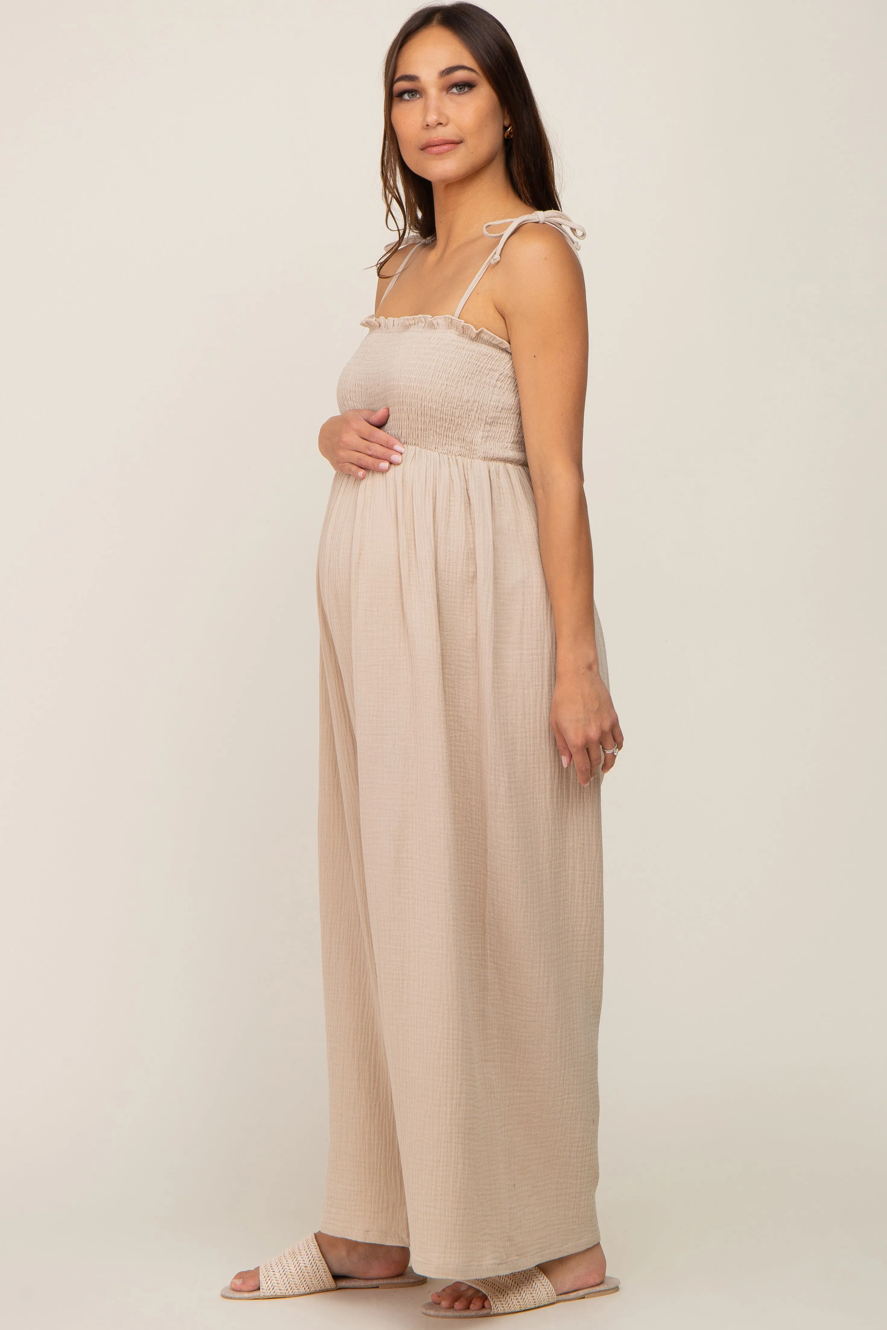 Taupe Sleeveless Cropped Maternity Jumpsuit sold by Pinkblush product image thumbnail 2