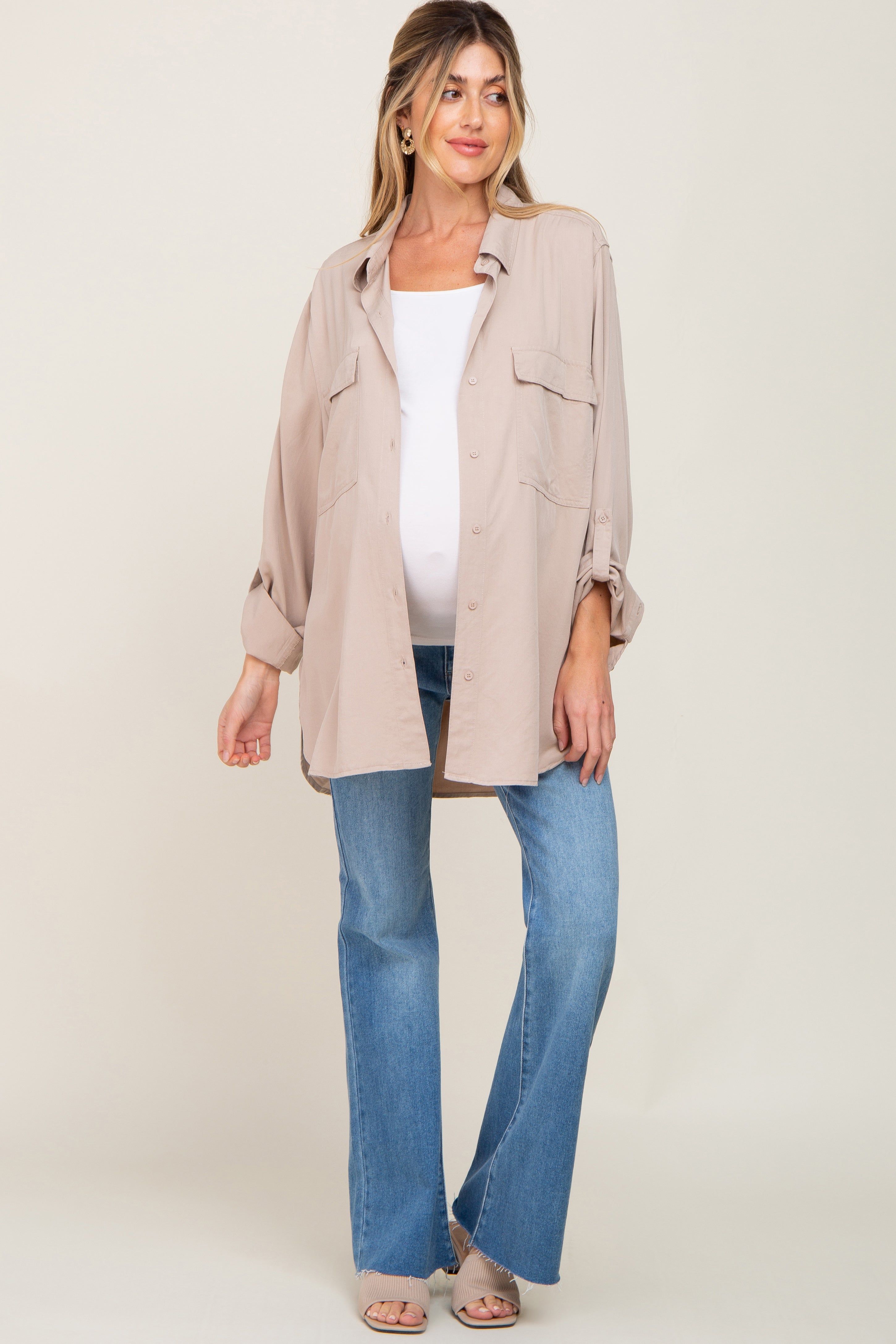 Beige Oversized Maternity Button Down Blouse sold by Pinkblush product image thumbnail 4
