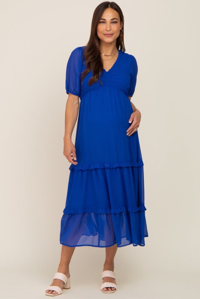 Royal Blue Chiffon Smocked V-Neck Ruffle Tiered Maternity Midi Dress sold by Pinkblush product image thumbnail 4
