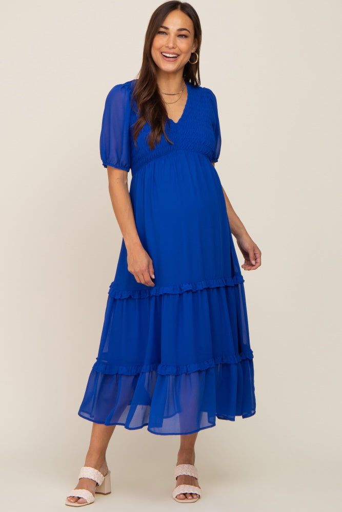 Royal Blue Chiffon Smocked V-Neck Ruffle Tiered Maternity Midi Dress sold by Pinkblush