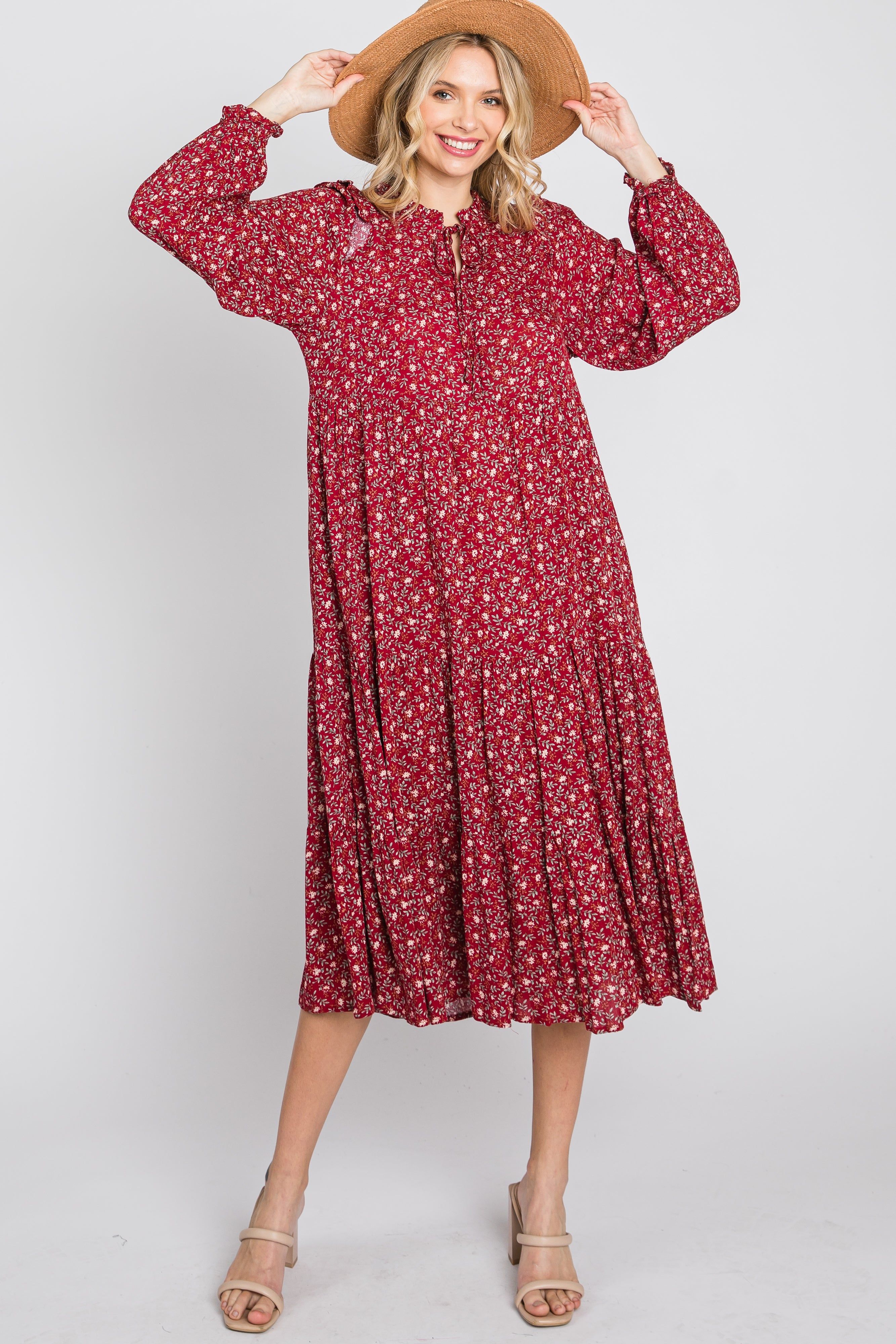 Red Floral Tiered Long Sleeve Maternity Midi Dress sold by Pinkblush product image thumbnail 5