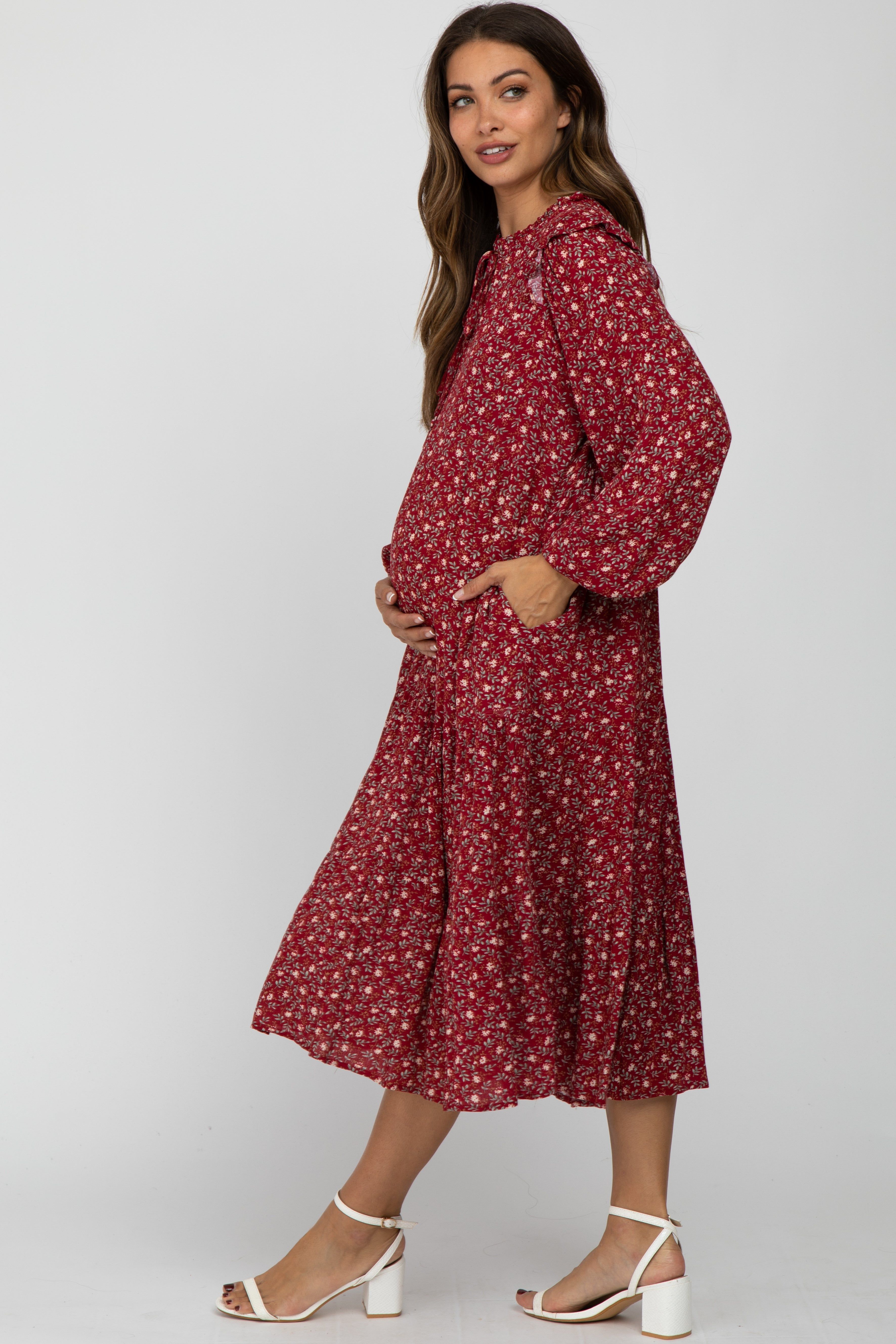 Red Floral Tiered Long Sleeve Maternity Midi Dress sold by Pinkblush product image thumbnail 2