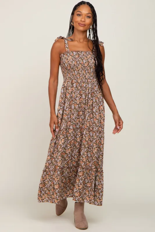 Camel Floral Sleeveless Tiered Maxi Dress sold by Pinkblush