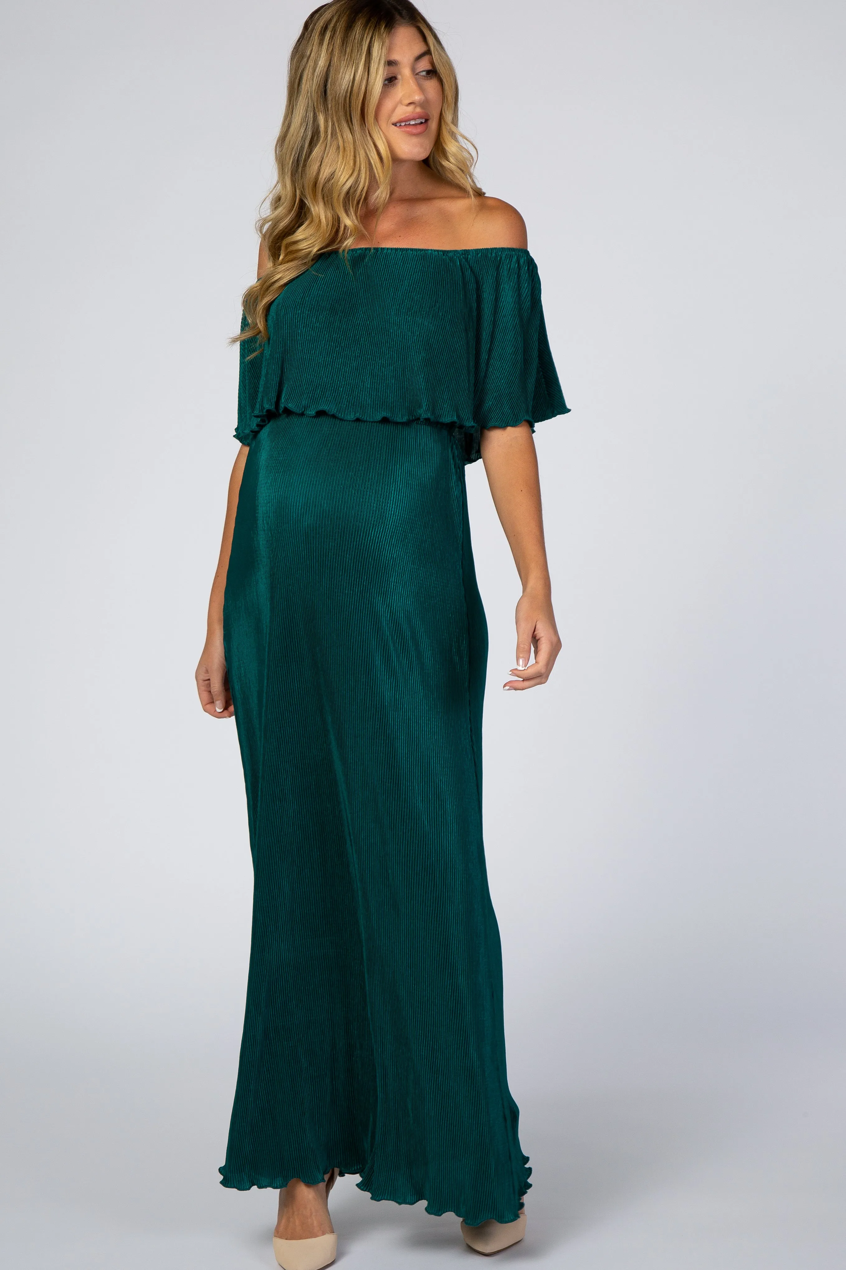 Forest Green Pleated Ruffle Off Shoulder Maternity Maxi Dress sold by Pinkblush