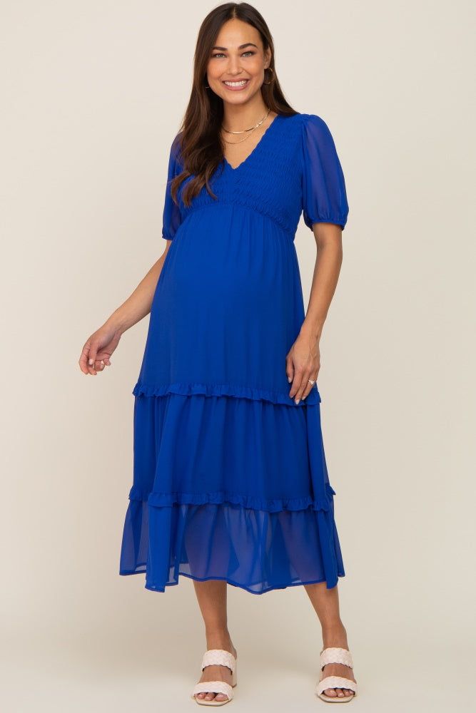 Royal Blue Chiffon Smocked V-Neck Ruffle Tiered Maternity Midi Dress sold by Pinkblush product image thumbnail 5