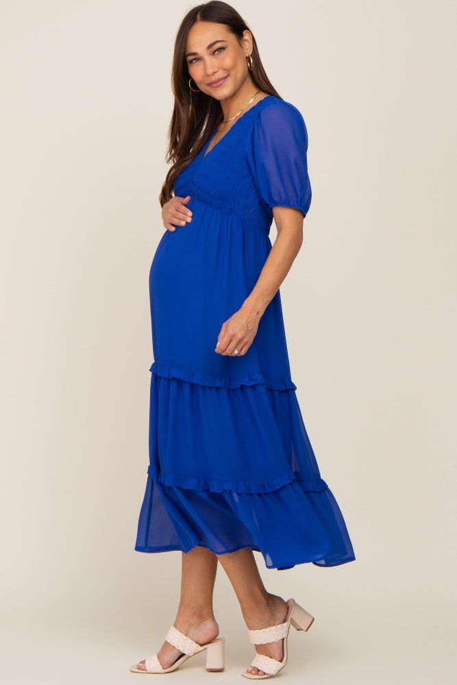 Royal Blue Chiffon Smocked V-Neck Ruffle Tiered Maternity Midi Dress sold by Pinkblush product image thumbnail 2