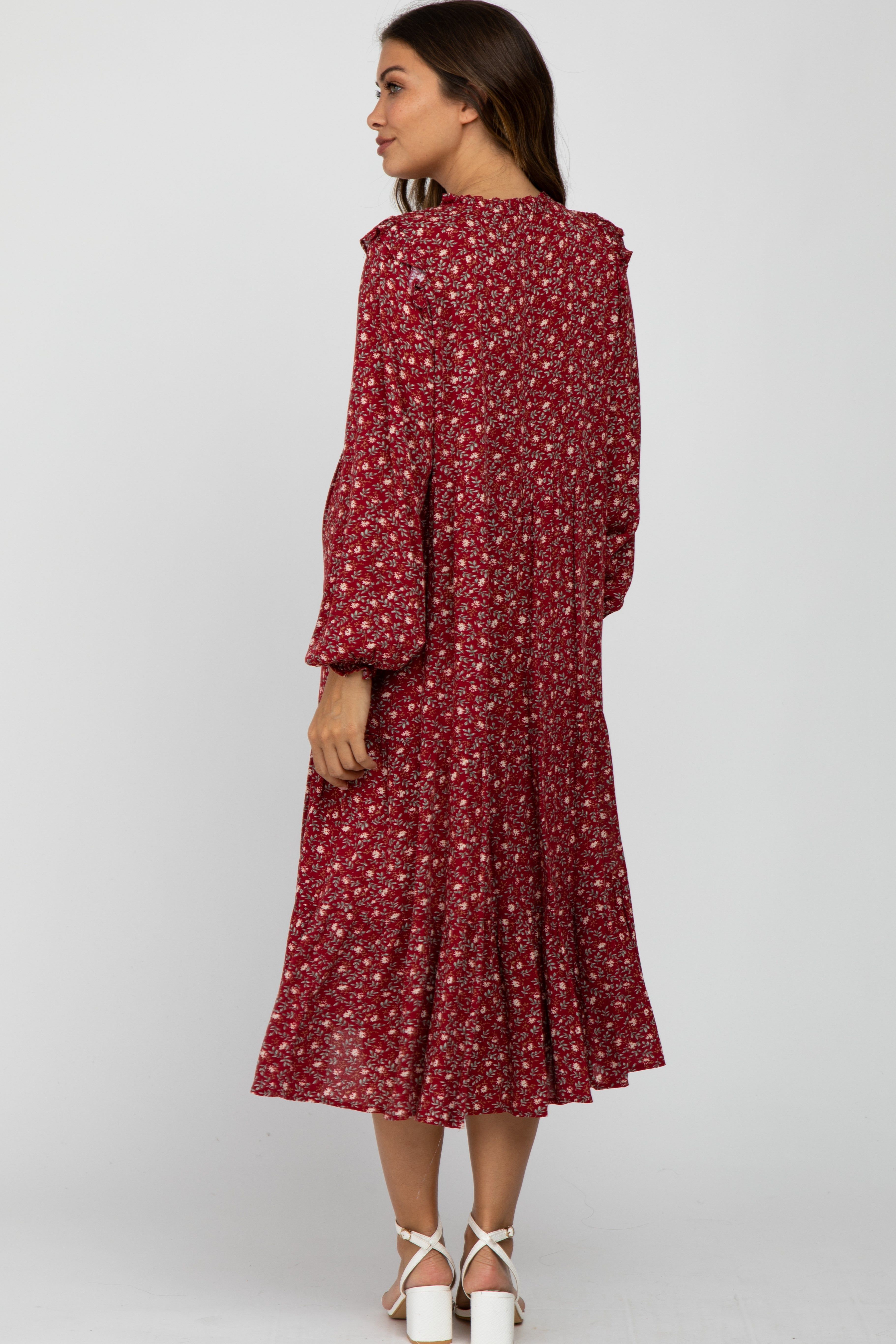 Red Floral Tiered Long Sleeve Maternity Midi Dress sold by Pinkblush product image thumbnail 3