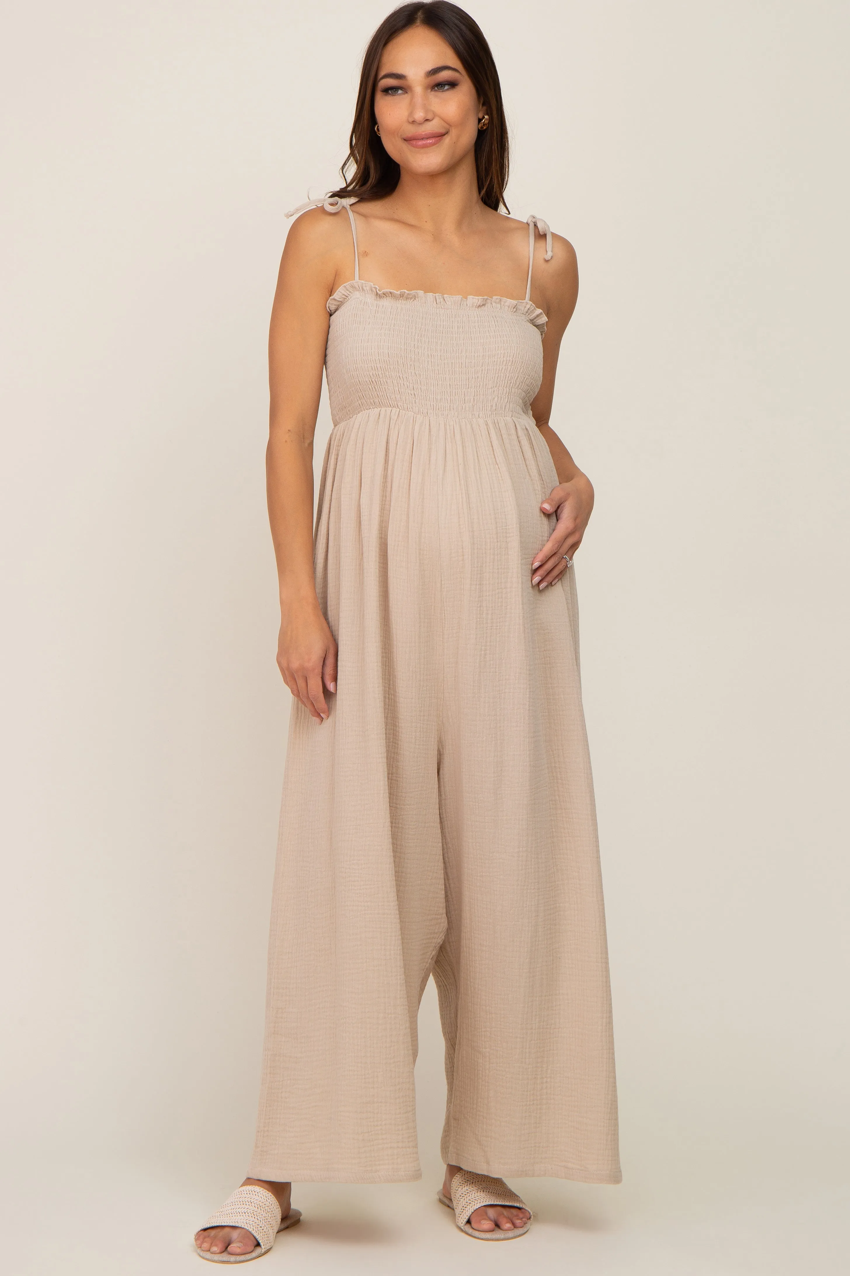 Taupe Sleeveless Cropped Maternity Jumpsuit sold by Pinkblush product image thumbnail 4