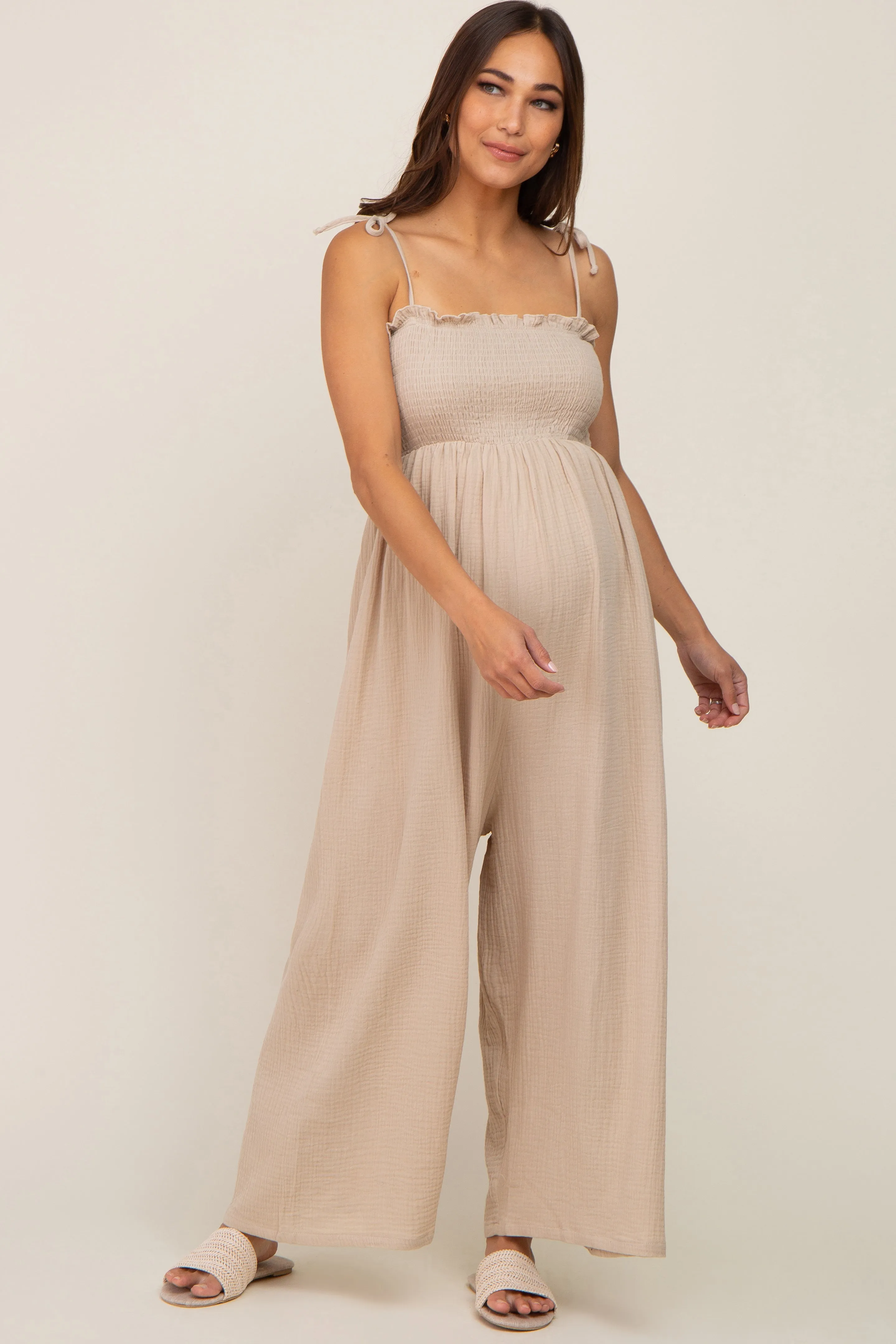 Taupe Sleeveless Cropped Maternity Jumpsuit sold by Pinkblush