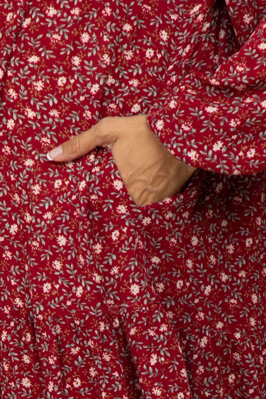 Red Floral Tiered Long Sleeve Maternity Midi Dress sold by Pinkblush product image thumbnail 4