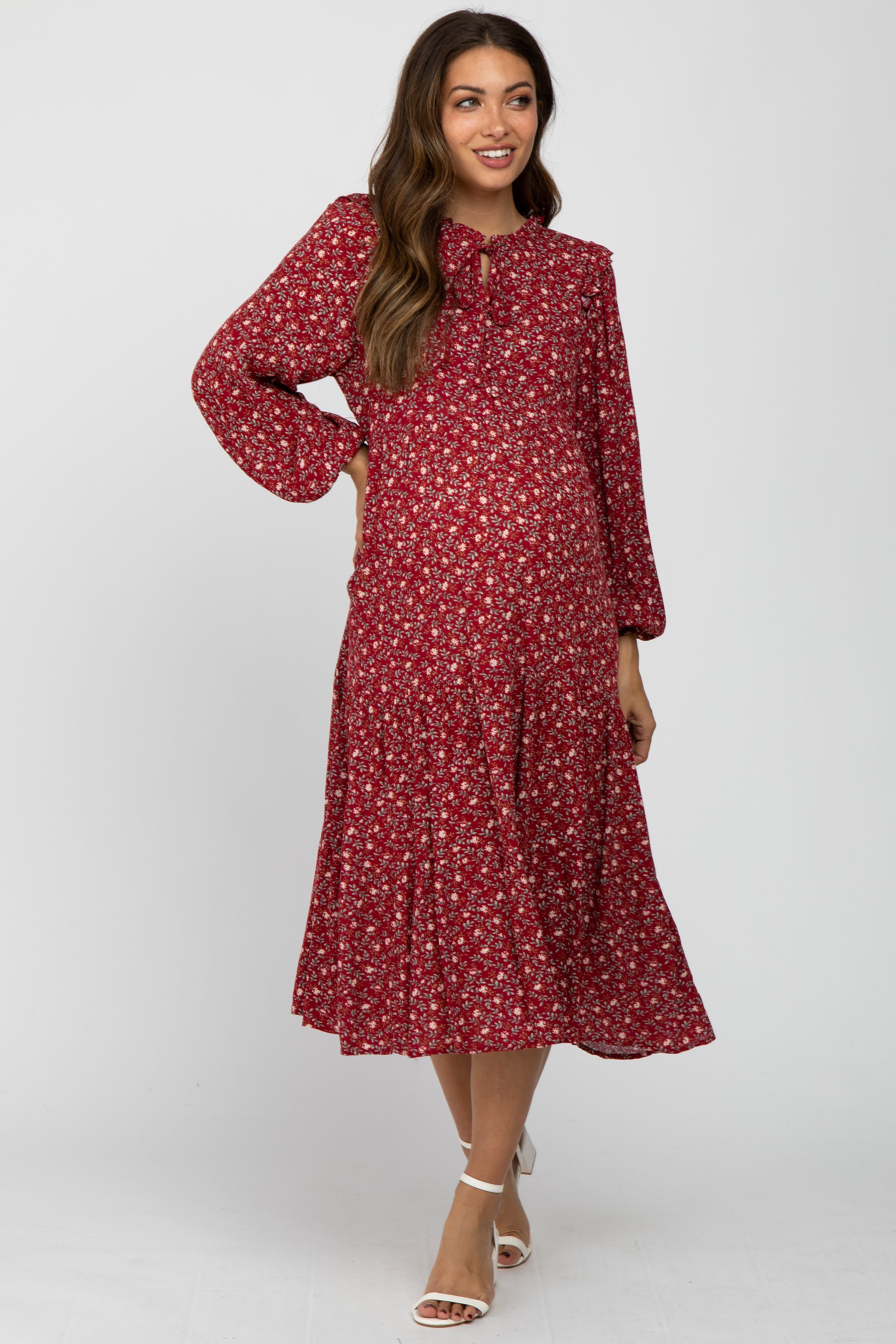 Red Floral Tiered Long Sleeve Maternity Midi Dress sold by Pinkblush