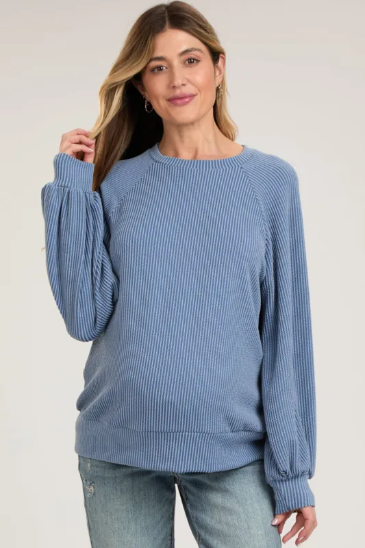 Blue Ribbed Long Sleeve Maternity Top sold by Pinkblush