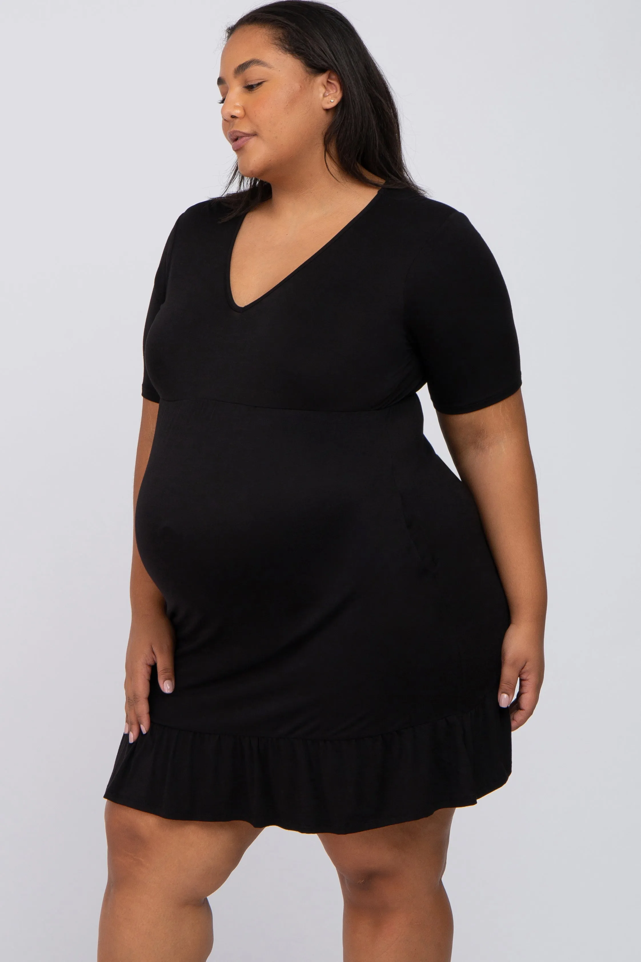 Black V-Neck Ruffle Hem Maternity Dress sold by Pinkblush product image thumbnail 2