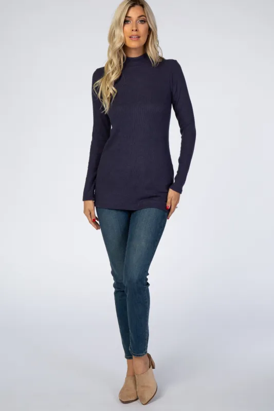 Navy Blue Ribbed Long Sleeve Mock Neck Top sold by Pinkblush