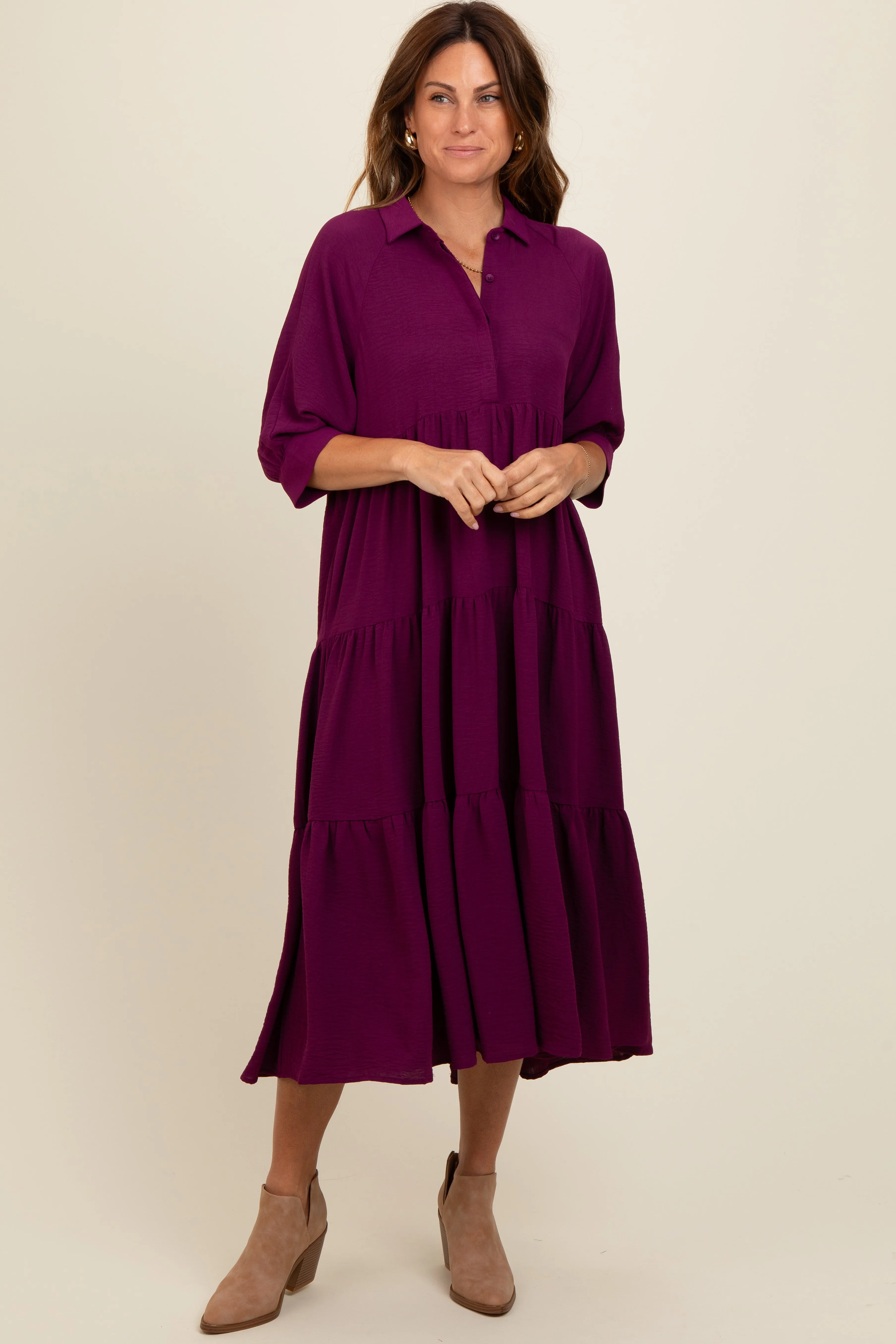 Magenta Collared Button Up Tiered Midi Dress sold by Pinkblush product image thumbnail 2