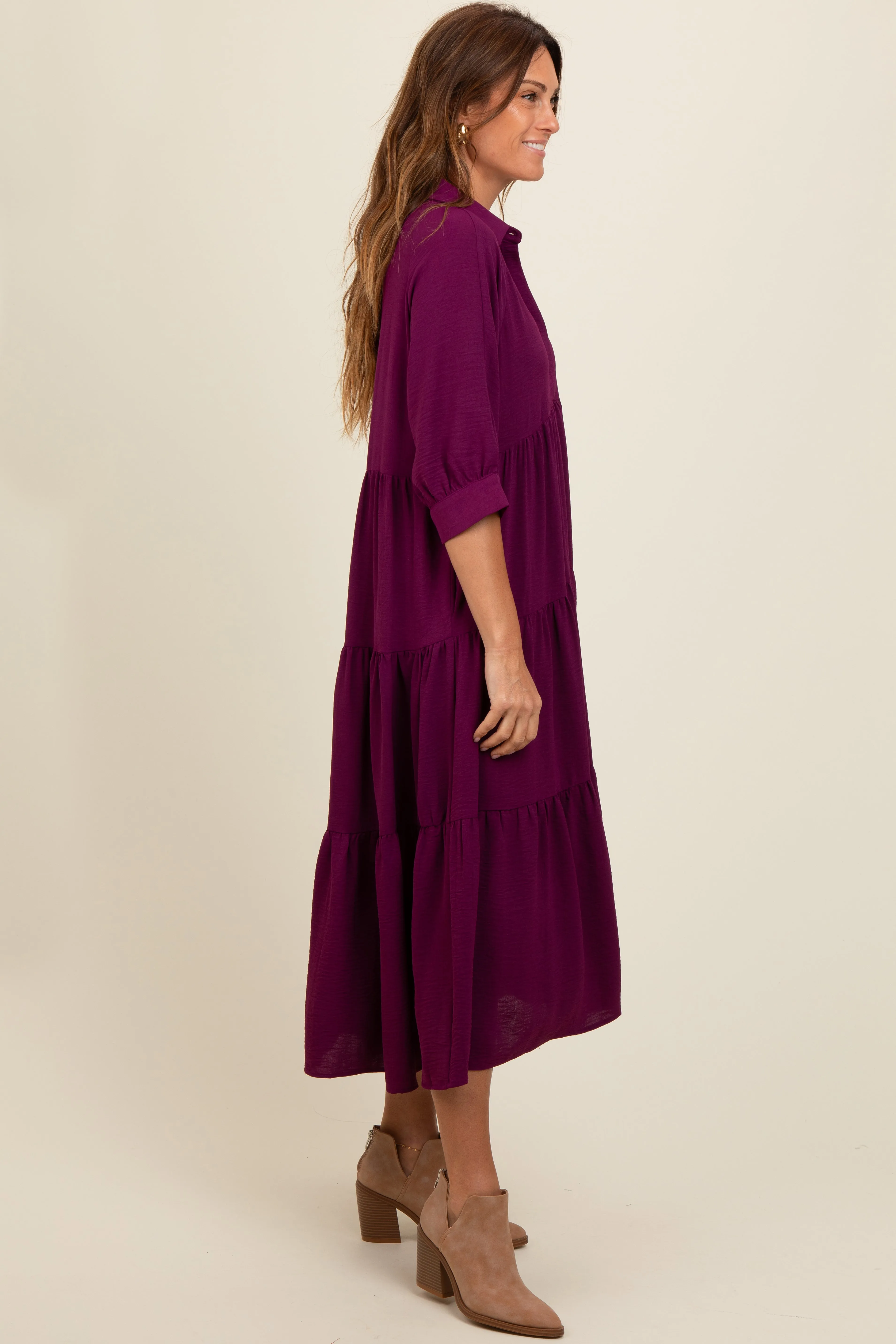 Magenta Collared Button Up Tiered Midi Dress sold by Pinkblush product image thumbnail 3