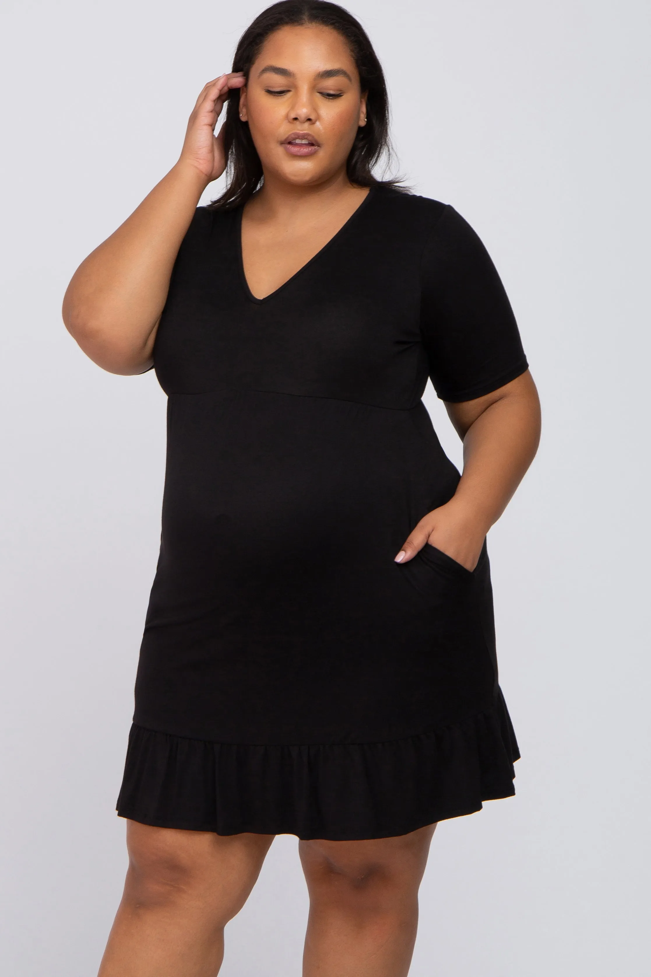 Black V-Neck Ruffle Hem Maternity Dress sold by Pinkblush