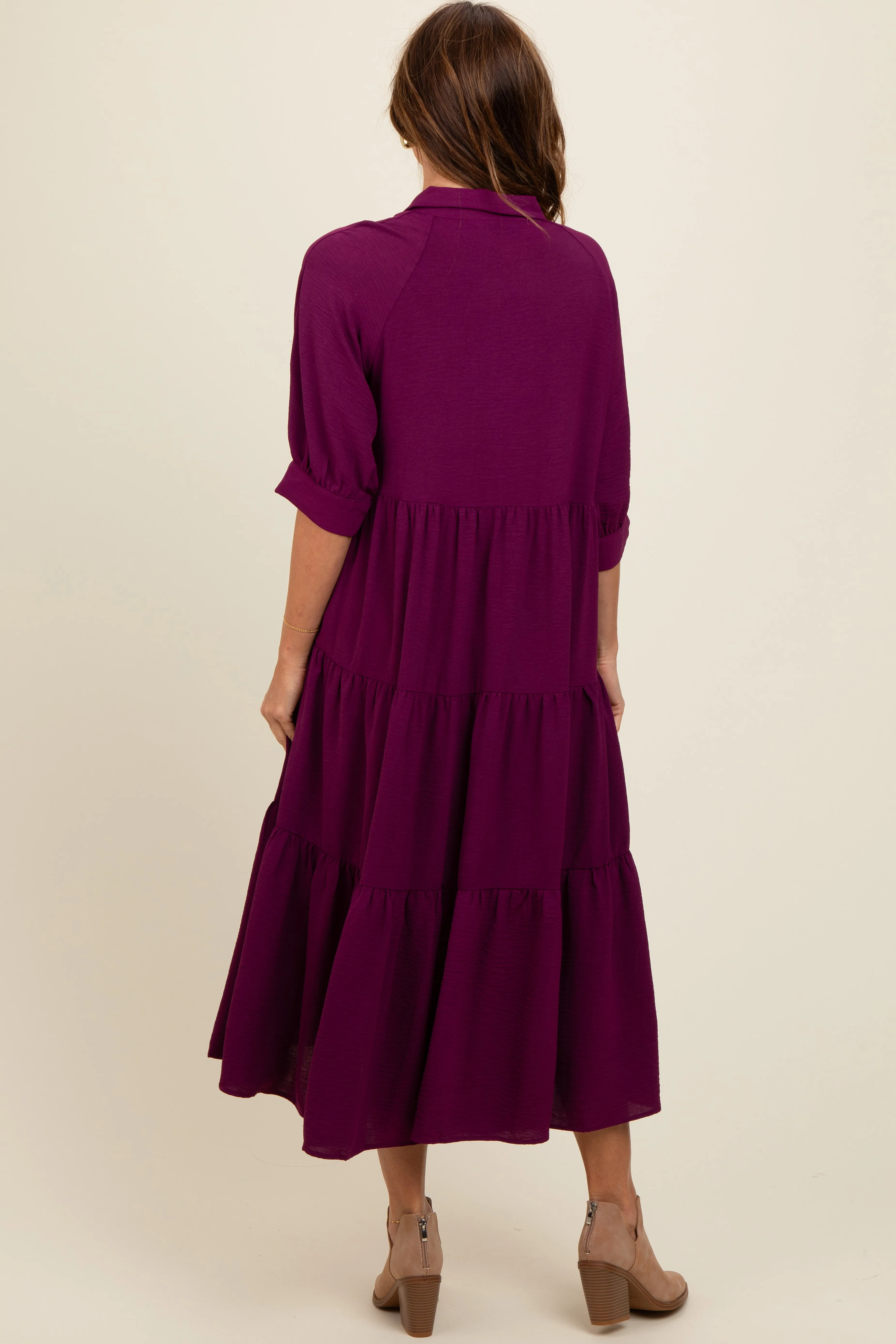 Magenta Collared Button Up Tiered Midi Dress sold by Pinkblush product image thumbnail 4