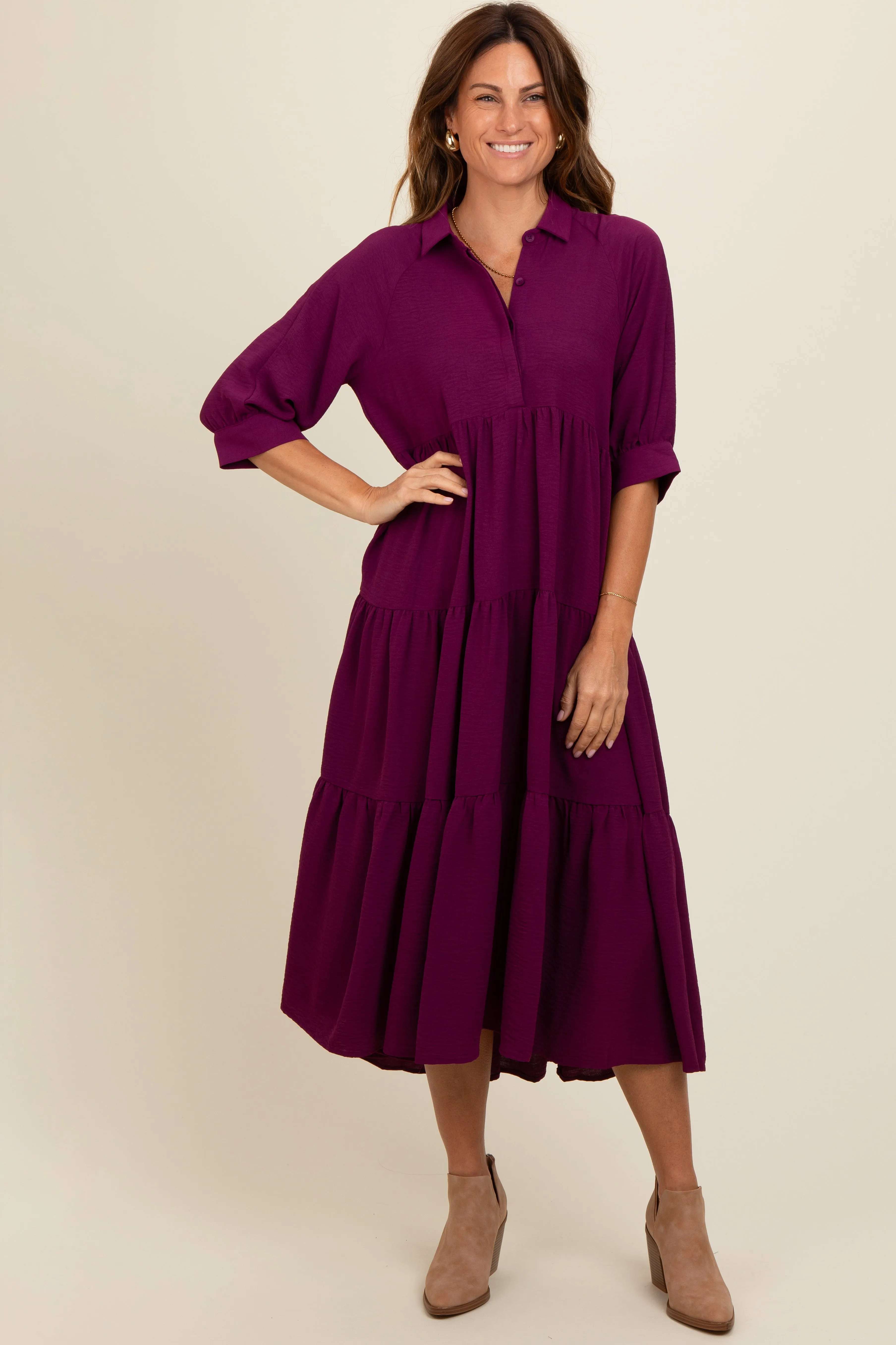 Magenta Collared Button Up Tiered Midi Dress sold by Pinkblush