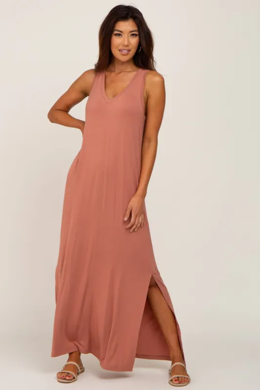 Rust V-Neck Side Slit Sleeveless Midi Dress sold by Pinkblush