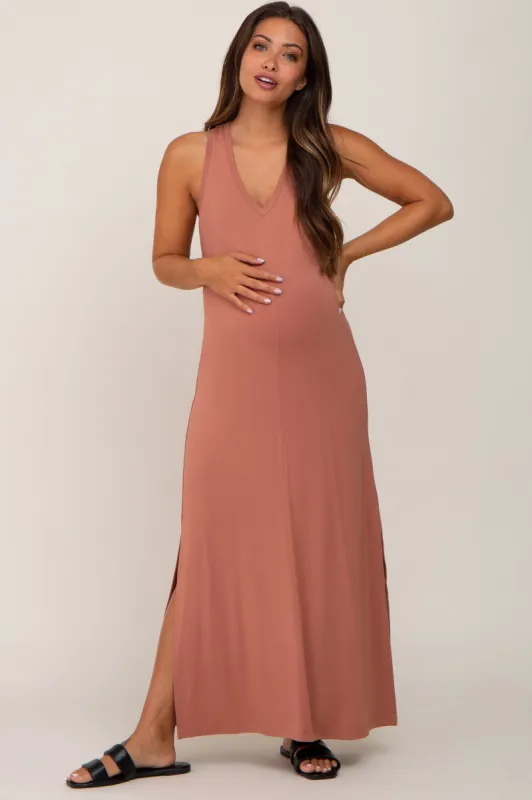 Rust V-Neck Side Slit Sleeveless Maternity Midi Dress sold by Pinkblush