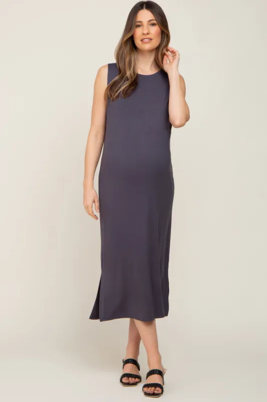 Charcoal Sleeveless Side Slit Maternity Midi Dress sold by Pinkblush