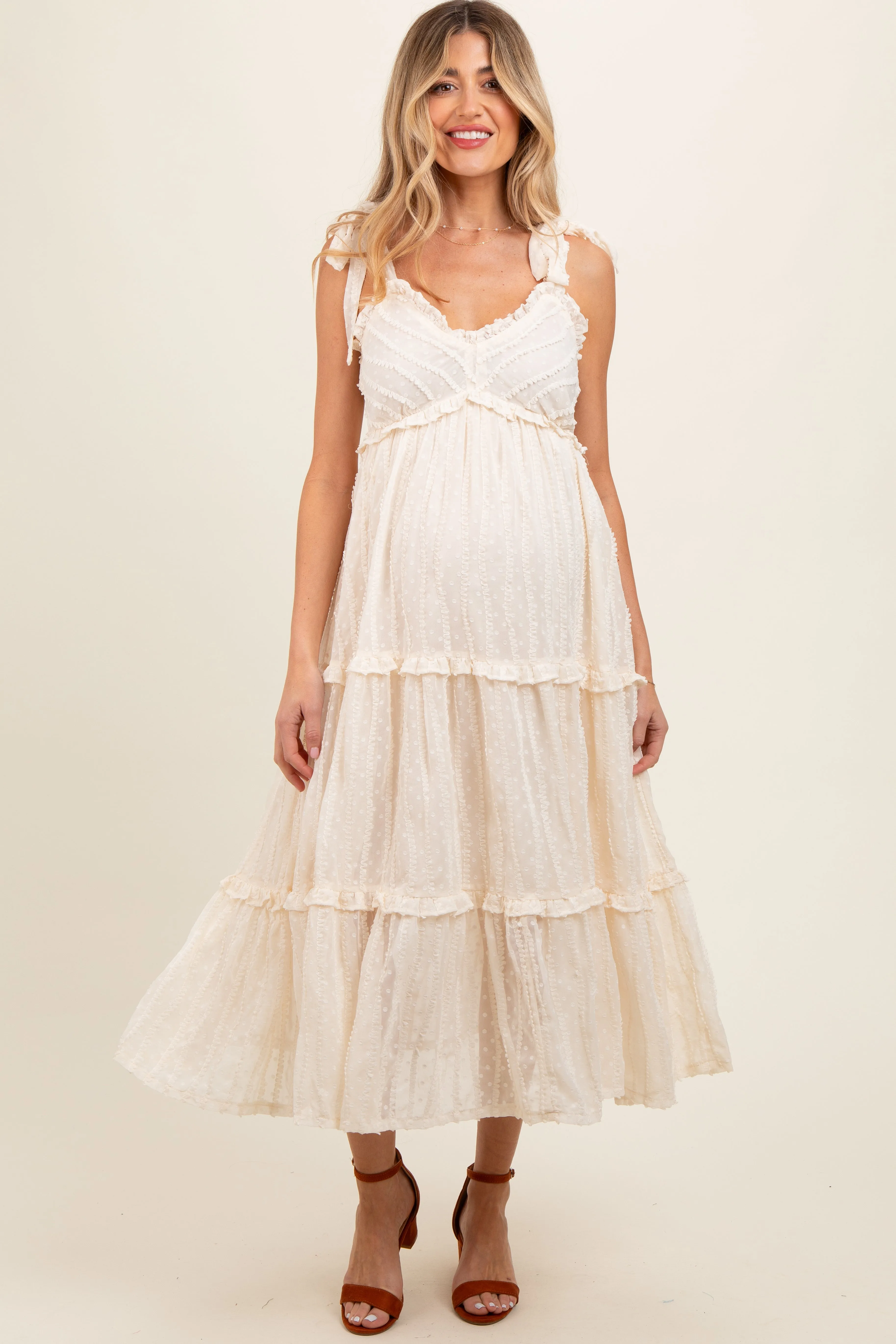 Cream Textured Tie Strap Tiered Maternity Midi Dress sold by Pinkblush product image thumbnail 2