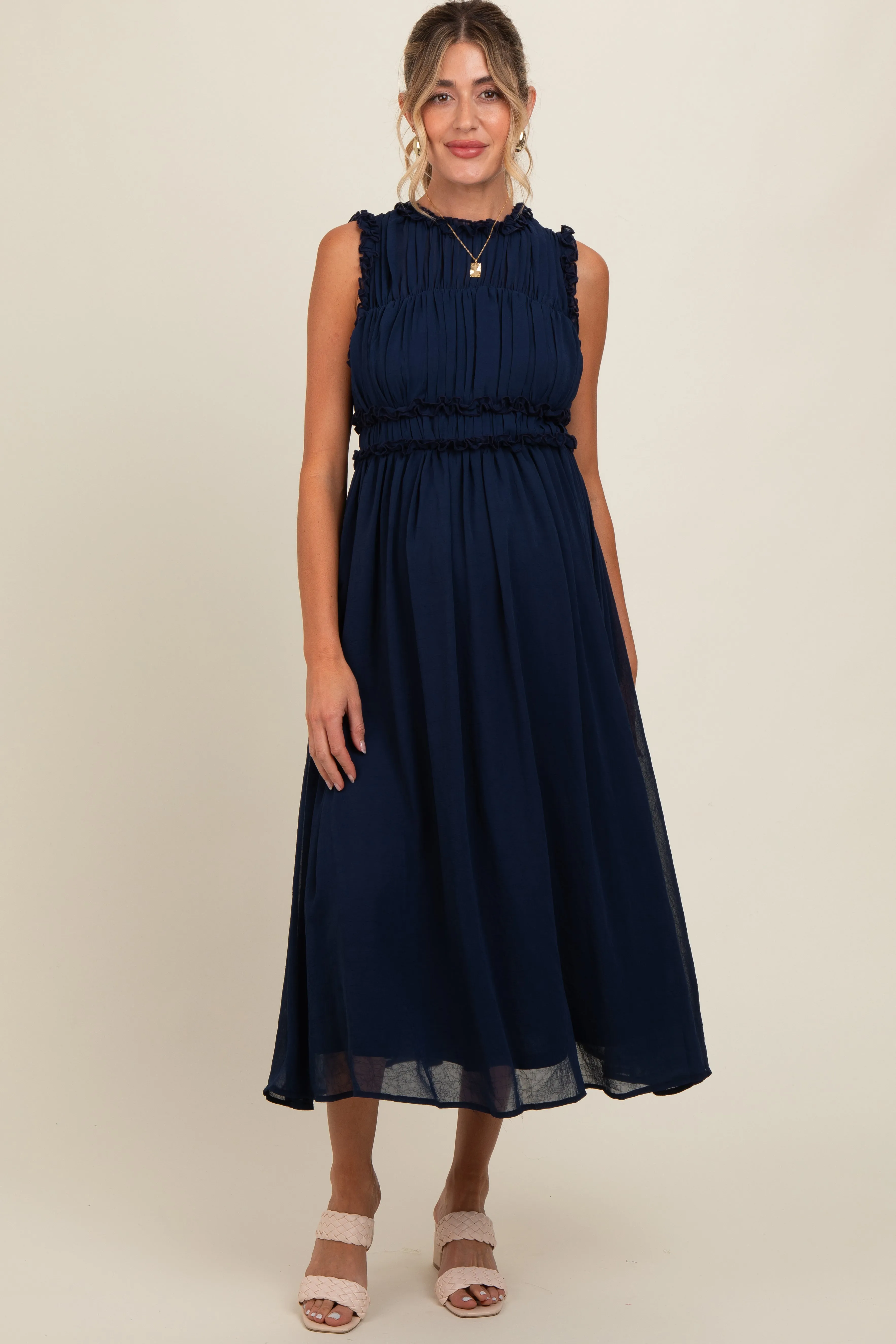 Navy Blue Chiffon Ruched Lettuce Edge Ruffle Maternity Midi Dress sold by Pinkblush product image thumbnail 2