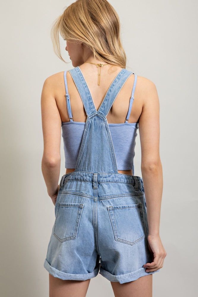 Light Denim Ripped Roll Up Hem Denim Overall Romper sold by Pinkblush product image thumbnail 3