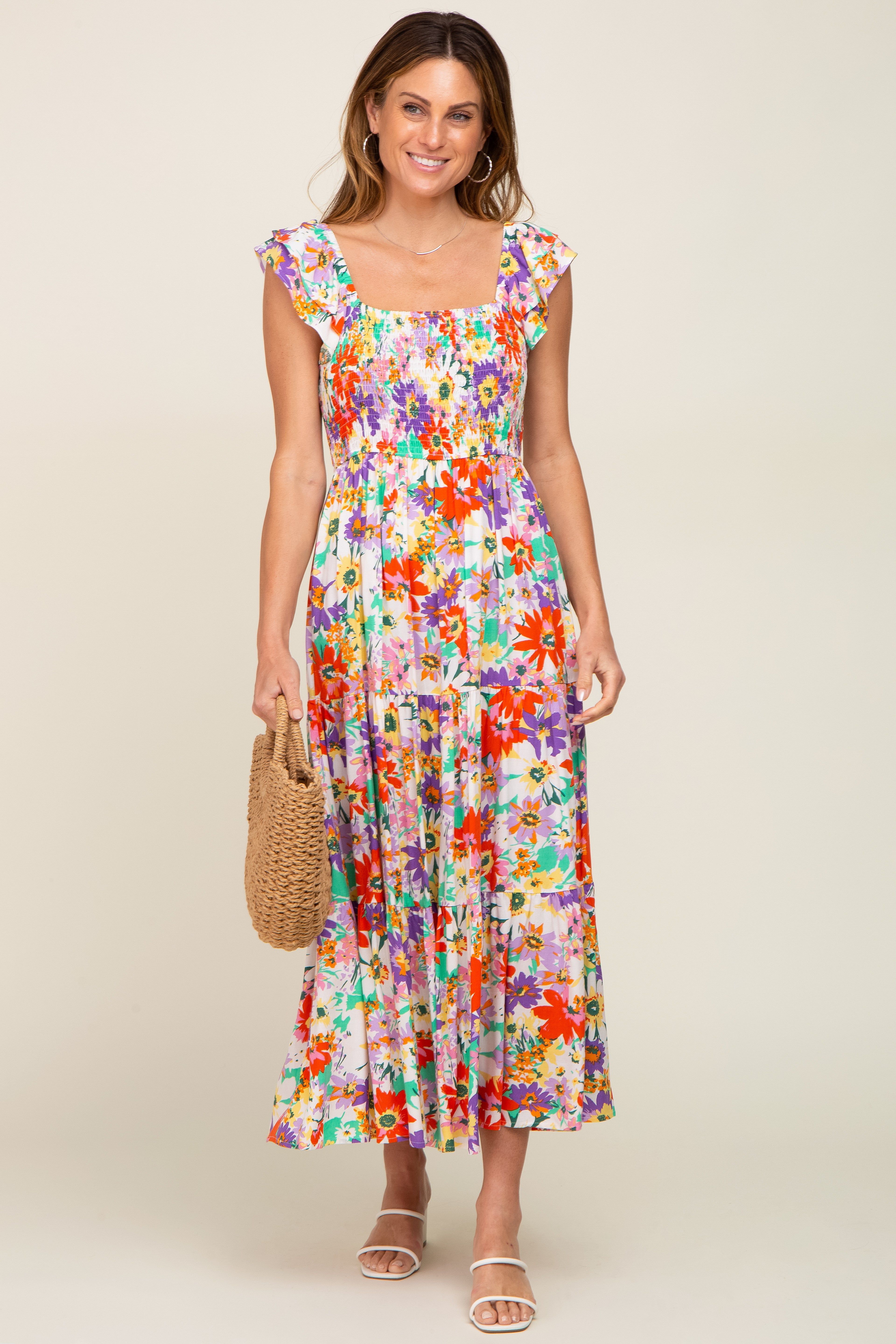 Ivory Floral Ruffle Strap Smocked Midi Dress sold by Pinkblush product image thumbnail 5